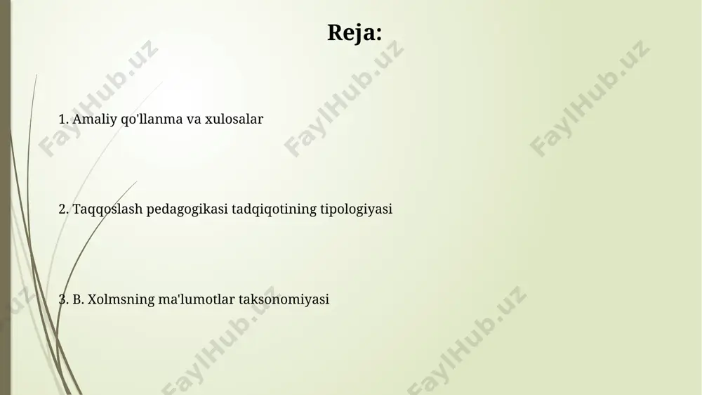 taksonomiyasi muhim ahamiyatga ega. taqqoslash pedagogikasi tadqiqotlarida b. xolmsning 5 ta asosiy ma’lumot turini ajratish, masalan, 20-asr oxiridagi buyuk britaniya va amerika qo'shma shtatlaridagi ta’lim tizimlari bo'yicha o'tkazilgan solishtirma tahlillarga asoslanadi. sifatli va miqdoriy tadqiqot usullarini qo‘llash qo'shma shtatlar va yaponiyadagi 2 ta universitetning 30 ta o'quv dasturini solishtirishda, sifat va miqdoriy ma'lumotlarning kombinatsiyasi, masalan, talabalar fikrlari va baholarini birlashtirib, samarali natijalarga erishish mumkin. sifatli tadqiqotlarda, masalan, 50 nafar o'qituvchidan o'zbekistonning andijon viloyatidan olingan intervyular tahlili orqali taqqoslash pedagogikasi bo'yicha chuqur tushunchalarga ega bo'lish mumkin. rivojlanayotgan mamlakatlar ta’lim tizimlarini taqqoslash 2000-yillardan keyin o‘zbekiston, qozog‘iston va qirg‘iziston kabi rivojlanayotgan markaziy osiyo mamlakatlarida ta’lim tizimlarini taqqoslashda, 5 yillik davlat byudjetidan ta’limga ajratilgan mablag‘larning ulushi va o‘quvchilarning bilim darajasini o‘lchaydigan xalqaro test natijalarini tahlil qilish muhim ahamiyat kasb etadi. rivojlanayotgan mamlakatlar, masalan, afrika davlatlari (nigeriya, keniya) ta’lim tizimlarini solishtirishda, 15-25 yosh oralig‘idagi yoshlar orasida oliy ta’limga qamrov darajasi va texnologiyalardan foydalanish imkoniyatlari kabi …