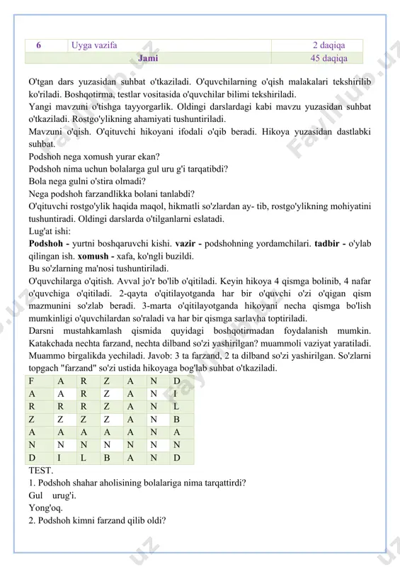 rma, testlar vositasida o'quvchilar bilimi tekshiriladi. yangi mavzuni o'tishga tayyorgarlik. oldingi darslardagi kabi mavzu yuzasidan suhbat o'tkaziladi. rostgo'ylikning ahamiyati tushuntiriladi. mavzuni o'qish. o'qituvchi hikoyani ifodali o'qib beradi. hikoya yuzasidan dastlabki suhbat. podshoh nega xomush yurar ekan? podshoh nima uchun bolalarga gul uru g'i tarqatibdi? bola nega gulni o'stira olmadi? nega podshoh farzandlikka bolani tanlabdi? o'qituvchi rostgo'ylik haqida maqol, hikmatli so'zlardan ay- tib, rostgo'ylikning mohiyatini tushuntiradi. oldingi darslarda o'tilganlarni eslatadi. lug'at ishi: podshoh - yurtni boshqaruvchi kishi. vazir - podshohning yordamchilari. tadbir - o'ylab qilingan ish. xomush - xafa, ko'ngli buzildi. bu so'zlarning ma'nosi tushuntiriladi. o'quvchilarga o'qitish. avval jo'r bo'lib o'qitiladi. keyin hikoya 4 qismga bolinib, 4 nafar o'quvchiga o'qitiladi. 2-qayta o'qitilayotganda har bir o'quvchi o'zi o'qigan qism mazmunini so'zlab beradi. 3-marta o'qitilayotganda hikoyani necha qismga bo'lish mumkinligi o'quvchilardan so'raladi va har bir qismga sarlavha toptiriladi. darsni mustahkamlash qismida quyidagi boshqotirmadan foydalanish mumkin. katakchada nechta farzand, nechta dilband so'zi yashirilgan? muammoli …