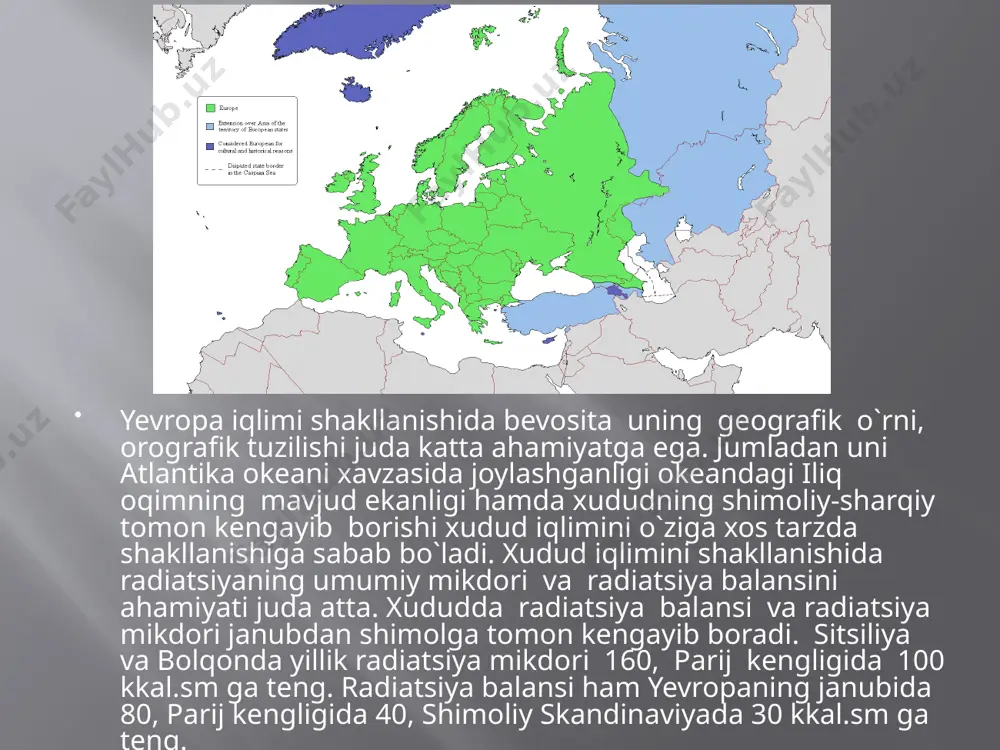 sari havo massalarining o`zgarishi natijasida g`arbiy havo oqimining haroratsi kamaya boradi va bu yerlarda dengiz iqlimi tipi bir muncha o`z xususiyatini yo`qotadi. termik sharoitning xudud bo`ylab notekis bo`lishi qishda qor qoplami uzoq vaqt turmasligiga sabab bo`ladi qor fennoskandiyaning shimolida 6-7 oy, janubida va germaniya-polsha tekisligining sharqida 1-2 oy, dunay bo`yi tekisliklarida 3-4 hafta qolgan xududlarda undan ham kam muddat saqlanib turadi. atlantika sohilida ayniqsa yog`in kam yog`ib sharqqa tomon kamayib boradi. bunga sabab siklon faoliyatining kamayib dengiz havosini quruqlik havosi bilan almashinishidir. qish fasli havo haroratsi madridda -12, pimla - 4,, londonda -13, berlinda -26, murmanskda - 38 ko`rsatkichga ega, yozda esa madridda +44, pimla +39, londonda +34, berlinda +38, murmanskda +33 ko`rsatkichga ega. yog`in mikdorini geografik taqsimlanishida xududga qirib keluvchi islandiya minimumi va g`arbiy yo`nalishidagi shamollar oqimi katta ta`sir ko`rsatadi. xududning namlik koeffitsiyenti bir muncha yuqori ekanligi xududa yog`in mikdorini ham materikni ichki qismiga nisbatan bir muncha ko`p bo`lishiga …