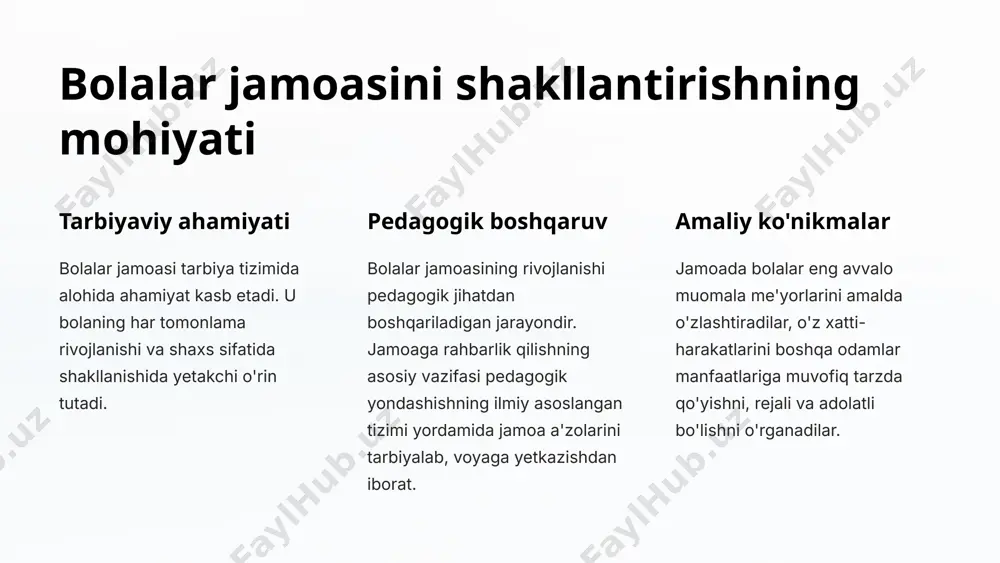 i, ishchan jamoa faolini yaratish uchun o'quvchilar tanlanadi. 3 vazifa yuklash faol a'zolariga muayyan vazifalar yuklanadi. 19 jamoa an'analari kundalik faoliyat an'analari o'quv va mehnat faoliyatidagi an'analar bayram an'analari ijtimoiy ahamiyatga ega sanalarni nishonlash 20 jamoa va shaxs munosabatlari umumiy maqsad jamoa ijtimoiy-foydali ahamiyatga ega umumiy maqsad asosida jipslashadi. birgalikdagi faoliyat o'quvchilar birgalikdagi faoliyat orqali jamoa bo'lib shakllanadi. rahbarlik jamoaga saylangan o'quvchilar va o'qituvchilar yo'lboshchilik qiladi. 21 o'quvchilar jamoasini shakllantirish o'quvchilar jamoasi tarbiyaviy jarayonning muhim qismidir. u rasmiy va norasmiy yetakchilarni o'z ichiga oladi. jamoa rivojlanishi murakkab jarayon bo'lib, o'ziga xos xususiyatlarga ega. am by ali muxtorov 22 rasmiy va norasmiy yetakchilar rasmiy yetakchilar a'lo baholarga o'qiydigan, jamoa ishlarida faol ishtirok etuvchi o'quvchilar. norasmiy liderlar jismonan kuchli, qat'iyatli, o'ziga ishongan o'quvchilar. ularning ta'siri kuchli bo'ladi. 23 jamoaning asosiy xususiyatlari 1 umumiy maqsad jamoa ijtimoiy ahamiyatga ega bo'lgan umumiy maqsad asosida birlashadi. 2 yo'naltirilgan faoliyat maqsadni amalga oshirish uchun yo'naltirilgan faoliyatni …