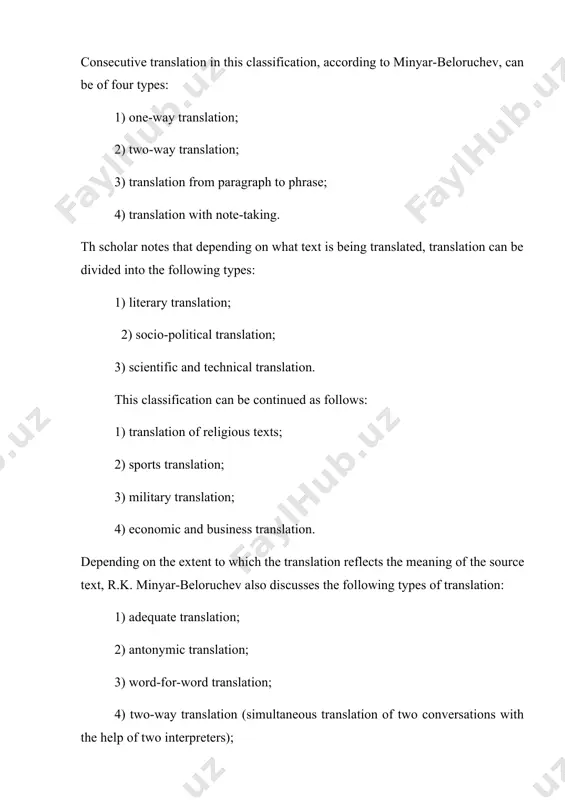 ds of translation into one group with translation methods, the confusion between the components and aspects of translation studies, the classification of types and aspects of translation in one paradigmatic way confuse the student who study translation. summarizing the different views on foreign and uzbek translation studies, we decided to classify the aspects of the science of translation separately from the aspects, types and methods of translation: aspects of translation studies: 1. history of translation 2. translation theory 3. translation criticism aspects of translation: 1. writing; 2. orally; 3. machine types of translation: 1. badiiy; 2. interpretive or interpretive translation; 3. specialized. translation methods in literary and sectoral translation: 1. adequate; 2. equivalent; 3. free. 4. word-for-word. 5. descriptive. 6. machine translation. in interpreting: 1. simultaneous; 2. consecutive. 3. sight translation. translation is a general term that includes both oral and written texts. translation is the transfern of written texts, …