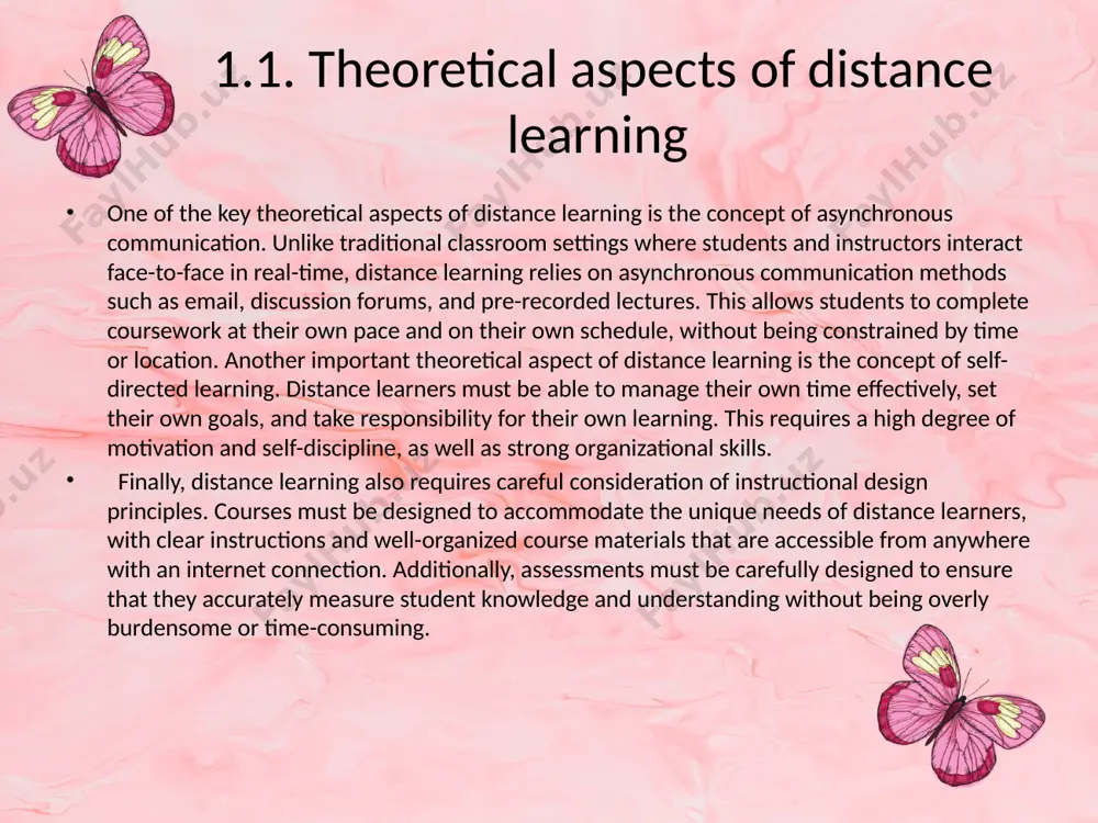 s, chairs, and textbooks. limited interaction: distance learning can limit interaction between students and teachers. this can lead to a lack of engagement and motivation. different learning styles: distance learning may not be suitable for all learners because everyone has different learning styles and some people need personal interaction or hands-on training to understand concepts better. flexibility: distance learning provides flexibility in scheduling and location, allowing students to learn at their own pace. 2.1. the organizing online lessons 1. choose the right platform: there are several online teaching platforms available, such as zoom, google meet, microsoft teams, and more. choose the one that suits your needs and is user-friendly for you and your students. 2. prepare your materials: make sure you have all the necessary materials ready before the lesson starts. share any slides or documents with your students beforehand so they can follow along. 3. set clear expectations: let …