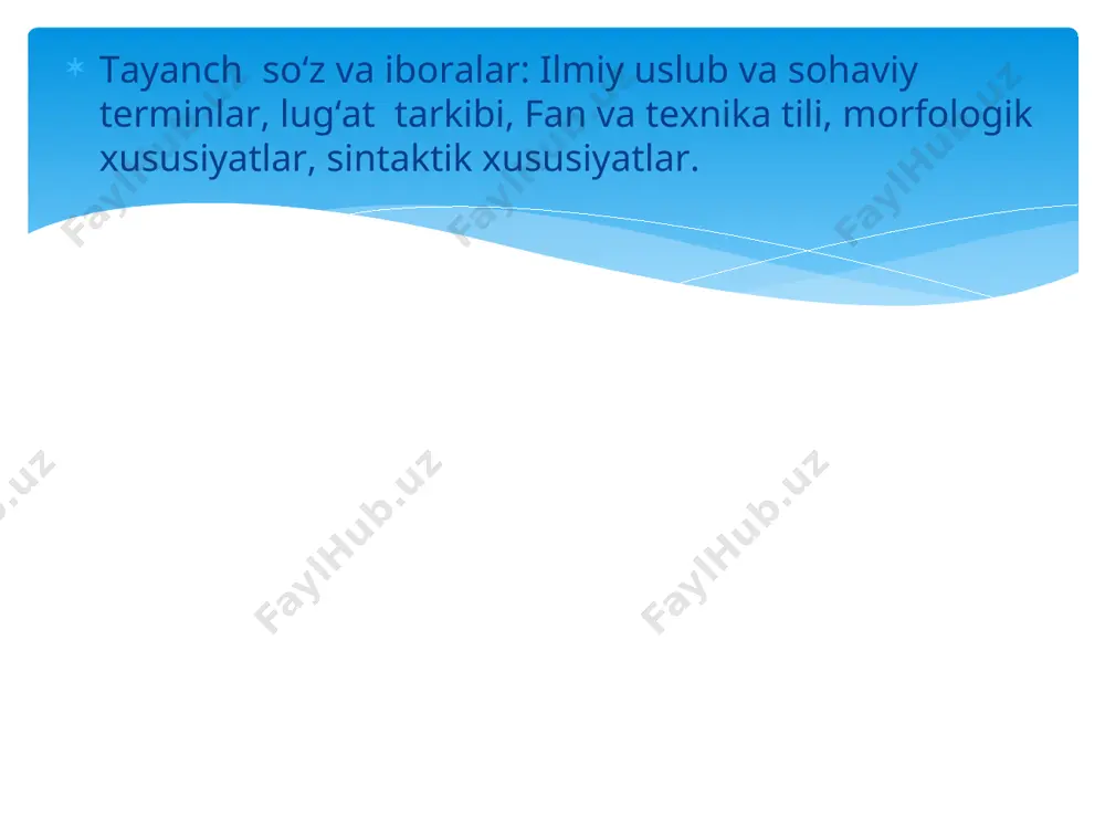 ara beriladi ...; normni tushunish mumkin va hokazo. 5. ilmiy ma'ruza ham qisqa sifatlardan foydalanadi, masalan: munosabat xarakterlidir . 6. ilmiy nutqning odatiy belgisi - men o‘rniga ishlatiladigan maqomdir . bu usul mualliflikning soddaligi, ob'ktivligi, umumiyligi kabi xususiyatlarni shakllantiradi: o‘rganish davomida biz xulosaga keldik ... (o‘rniga men xulosaga keldim ...). ilmiy uslubning sintaktik xususiyatlari: 1. "tegishli atamalardagi noun + ism" atamasi ishlatiladigan iboralardan foydalanish: metabolizm, valyuta likvidligi, sökme qurilmasi va boshqalar. 2. sifat nomi bilan ifodalangan atamalar atamaning ma'nosida ishlatiladi: shartsiz refleks, qattiq belgi, tarixiy qazish va hk. 3. ilmiy uslublar uchun (ta'riflar, asoslar, xulosalar) ismga ega kompozit nominal predikat xarakterli bo‘lib, odatda fe'l-ligament bilan ifodalanadi: hislar - asosiy bilim jarayonidir ...; tilning me'yoriy amalga oshirilishidan chetga chiqish bolaning nutqining eng yorqin xususiyatlaridan biridir. boshqa umumiy "predetate formulasi" - qisqa nomer bilan biriktirilgan nominal predikatdir: uni ishlatish mumkin. 4. vaziyatlar roli uchun zarflar tergov qilinayotgan hodisaning sifatini yoki xususiyatini tavsiflashga …