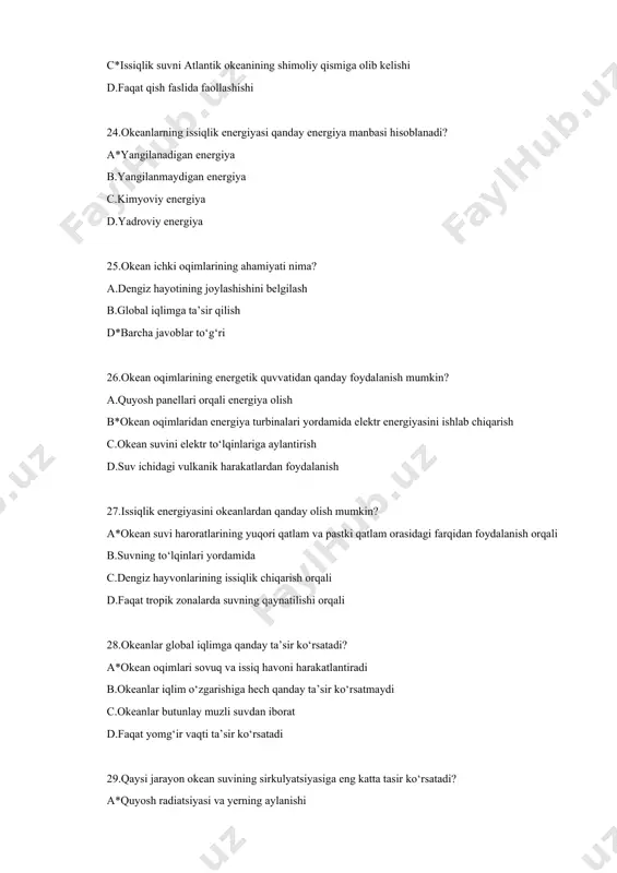 eftdan qanday turdagi mahsulotlar ishlab chiqariladi? a.elektr energiyasi b*plastinka va yoqilg‘i mahsulotlari c.quyosh panellari d.suv resurslari 50.shamolni tezligi qanday asbob yordamida o‘lchanadi ? a.termometr b.barometr c.sekundometr d*animometr
