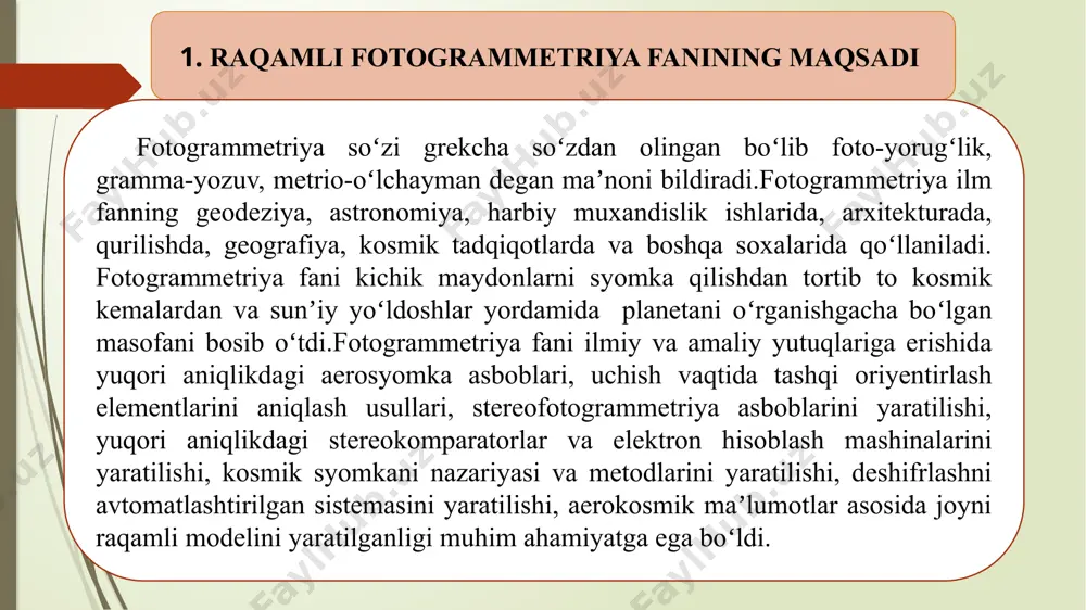 nerlik masalalarini qamraydi. fanning vazifasi – talabalarga fotogrammetrik asboblar va kompyuterli fotogrammetrik stansiyalarning tiplari, ularda ishlash shuningdek topografik hamda maxsus xaritalar va planlarni tuzish boʻyicha bilim va koʻnikmalarni oʻzlarida hosil qilishlari zarur. fanning boshqa fanlar bilan oʻzaro bogʻliqligi va uslubiy jihatdan uzviy ketma – ketligi fotogrammetriya va yerni masofadan turib tadqiq qilish topograf – geodezik, kartografik va kadastr ishlab chiqarishining 30-40% ini tashkil qiladi. shuning uchun ushbu fan umumkasbiy fan hisoblanib, topografik – geodezik, kartografik va kadastr ishlab chiqarishining ajarlmas boʻgʻinidir. fanni oʻqitishda zamonaviy axborot va pedagogik texnologiyalar talabalarning fanni oʻzlashtirishlari uchun oʻqitishning ilgʻor va zamonaviy usullaridan foydalanish, yangi axborot-pedagogik texnologiyalarni tadbiq qilish muhim ahamiyatga egadir. fanni oʻzlashtirishda darslik, oʻquv va uslubiy qoʻllanmalar, maʼruza matnlari, tarqatma materiallari, elektron materiallar, vertual stendlar hamda ishlab chiqarishdagi, yoʻriqnomalar, hujjatlar namunalaridan foydalaniladi. foydalanilgan adabiyotlar ro’yhati m.s. akbarov, d.k. muxitdinov “fotogrammetriya va suratlarni deshifirovkalash” toshkent-2008. 2. 1.н.д.ильинский, а.и.обиралов, а.а.фостиков «фотограмметрия дешифрирование снимков» м.недра 1986 3. …