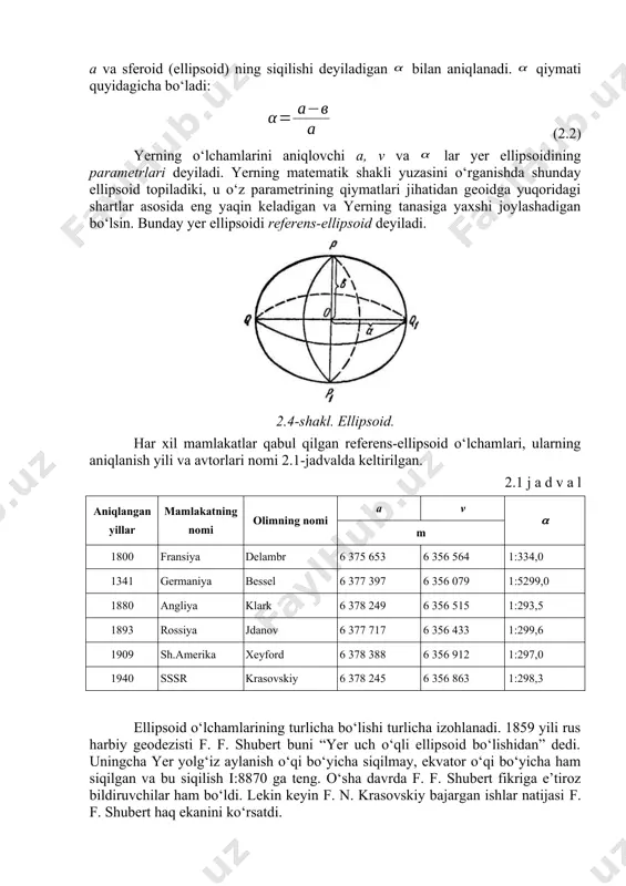 kerakki, bu-ellipsoidni orentirlash deyiladi. agar ellipsoid geoidga yoki geoid ellipsoidga joylansa, bular bir–biriga hamma nuqtalari bilan yopishib turmaydi (urunmaydi), balki geoidning ba’zi nuqtalariellipsoidning ustidan yoki ichidan o‘tadi. bu yuzlarning tengmasligi (farqi) 150m dan oshmaydi. geoidning shaklini va yerning fizik yuzasini o‘rganishda ularning qay nuqtada qanday farq qilishi aniqlanadi. bu farq va ellipsoid parametrlari asosida geoid va haqiqiy yer shakli modelini yasash mumkin. yer yuzasining turli uchastkasida olib borilgan o‘lchash natijalarini matematik ishlab chiqish bir yuzada bo‘lishi uchun o‘lchash loyihalash yo‘li bilan bir ellipsoid yuzasiga keltiriladi, ya’ni bir yuzaga nisbat beriladi. masalan, joyda o‘lchangan av masofa (2.3-shaklga qarang) tuzatmalar berilib, mn ellipsoid yuzasidagi av bilan ifodalanadi va hisoblash ishlarida av dan foydalaniladi. geoid o‘rniga qabul qilingan ellipsoid yuzasi pqp1q1 (2.4-shakl) rr1 o‘q atrofida aylanishdan hosil bo‘lgan, uning o‘lchamlari ellipsoidning kata yarim o‘qi oq=oq1=a va kichik yarim o‘qi or= r1=v qiymatlari bilan yoki katta yarim o‘qi a va sferoid (ellipsoid) ning siqilishi …