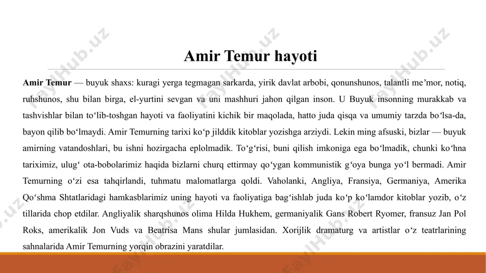 as, bajarilishi shart boʻlgan tadbirlarning taʼrifidan va zikridan soʻng shuni taʼkidlash lozimki qatʼiylik, sabr, chidamlilik, sogʻligu sergaklik, ehtiyotkorlik va shijoat bilan barcha ishlar amalga oshirilur. *2* davlat ishlarining toʻqqiz ulushi kengash, tadbir va mashvarat, qolgan bir ulushi esa qilich bilan bajo keltirilur. *3* ishbilarmon mardlik va shijoat sohibi, azmi qatʼiy, tadbirkor va hushyor bir kishi ming- minglab tadbirsiz, loqayd kishilardan yaxshidir. *4* gʻanim lashkarini yengish qoʻshinning koʻpligidan, magʻlub boʻlish esa sipohning kamligidan boʻlmaydi. balki gʻolib boʻlmokdik tangrining madadi va bandasining tadbiri bilandir. *5* garchi ishning qanday yakunlanishi takdir pardasi ortida yashirin boʻlsa ham, aqli raso va hushyor kishilardan kengashu tadbir istab, fikrlarini bilmoq lozimdir. *6* agar ikki xatarlik yoki bir xatarlik ishni qilishga toʻgʻri kelgudek boʻlsa, ikkovidan barobar qutulish chorasi topilmagach, bir xatarini ixtiyor etmoq kerak. amir temur vasiyati anglab turibmanki, ruh qushi qalb qafasidan parvoz qilmoqchi. tangri taoloning dargohiga jonimni baxsh etayotibman. sizlarni uning lutfu mar- hamatiga topshirdim. obidida …