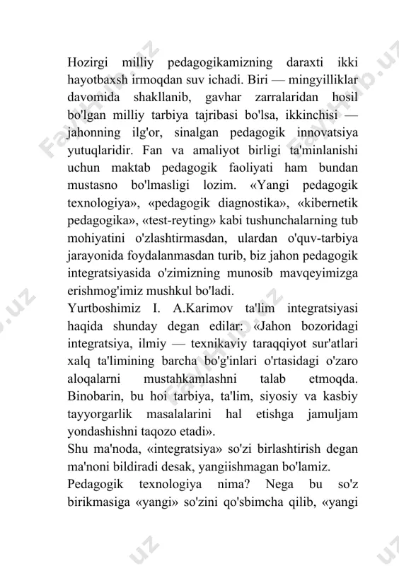 higa, qanday ma'naviy fazilatlar egasi bo'lib voyaga yetishiga, farzandlarimizning hayotda nechog'li faol munosabatda bo'iishiga, qanday oliy maqsadlarga xizmat qilishiga bog'liq ekanini hamisha yodda tutishimiz kerak». shu sababli birinchi navbatda ta'lim mazmuni, uning tarkibini kengaytirish va chuqurlashtirish, xususan, bu mazmunga nafaqat bilim, ko'nikma va malaka, balki umuminsoniy madaniyatni tashkil qiluvchi -ijodiy faoliyat tajribasi, tevarak-atrofga munosabatni ham kiritish g'oyasi kun tartibiga ko'ndalang qilib qo'yildi. bu g'oyani, bizningcha, ijtimoiy hayotning quyidagi kompo-nentlari ro'yobga chiqarishi mumkin: — faoliyat turlari (moddiy-amaliy, ijtimoiy, ma'naviy); - ijtimoiy ong shakllari (axloq, san'at, siyosat, falsafa, fan va boshqalar); - ijtimoiy munosabatlar tizimi (moddiy va mafkuraviy); - moddiy ijtimoiy va tabiiy borliq (keyingi avlodlarga meros qilib qoldiriladigan boyliklar). ta'lim mazmuni, uning komponentlari, tarkibi, vazifalari haqida so'z ketganda, dalillar bilan qonuniyatlar, yaqqollik bilan mavhumlik, bilimlar bilan haqiqatni mustaqil bilish metodlari o'rtasidagi maqbul keladigan munosabatlarni aniq-lash zarur. ayniqsa, darslik va o'quv qo'llanmalarida, terminologiyada qat'iylik, bir qiymatlilikka erishish kerak. bunig sababi shuki: — …
