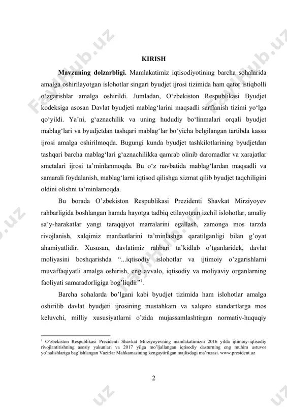 zirlar mahkamasining kengaytirilgan majlisdagi ma’ruzasi. www.president.uz ] barcha sohalarda bo’lgani kabi byudjet tizimida ham islohotlar amalga oshirilib davlat byudjeti ijrosining mustahkam va xalqaro standartlarga mos keluvchi, milliy xususiyatlarni o’zida mujassamlashtirgan normativ-huquqiy asoslari shakllantirildi. xususan, 2015 yil 21 iyunda yangi tahrirda o’zbekiston respublikasi adliya vazirligida 2786-son bilan ro’yxatga olingan “yuridik shaxslar tomonidan kassa operatsiyalarini yuritish qoidalari” amaliyotga joriy qilindi. hozirda byudjet tashkilotlarida ushbu qoidalar talablari asosida kassa ishlari tashkil qilinadi, kassa muomalalari ham ushbu qoidalar asosida hujjatlashtiriladi va hisobga olinadi. “tor ma’noda “g’azna” pul tushadigan va aniq maqsadlar uchun to’lov o’tkaziladigan, ya’ni mas’ul mansabdor shaxslar pulni saqlaydigan joy degan tushunchani anglatadi”[footnoteref:2]. o’z navbatida bozor iqtisodiyotining eng muhim talabalaridan biri doimiy ravishda iqtisodiy islohotlarni amalga oshirish, xalqaro integratsiyalashuvni ta’minlash uchun iqtisodiy qonunchilik o’zgarib boradi. [2: williams m. government: cash management its interaction with other financial policies. international monetare fund fiscal attairs department technical guidance note. 2010.-201 p. https://www.scopus.com_resourse_treasure/j.rfe ] davlat byudjeti ijrosini …