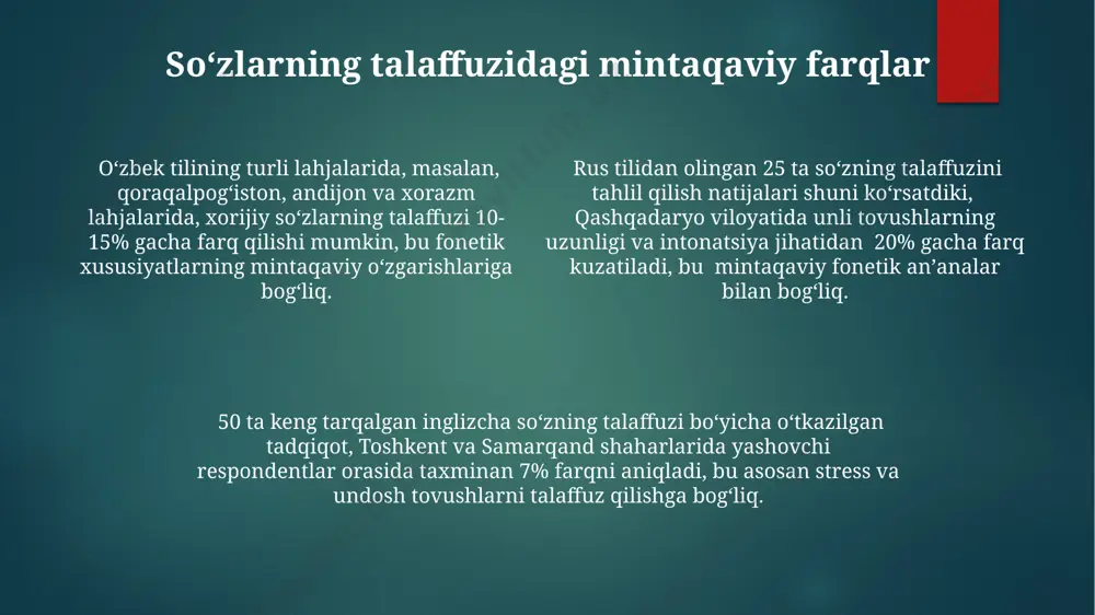 nema va alohida tovushlar sifatida ifodalash imkonini beradi, bu esa qarz olingan soʻzlarning talaffuzini aniqlashda muhim ahamiyat kasb etadi. masalan, 5 ta harfli soʻz 7 ta tovushni ifodalashi mumkin. tilning fonetik tizimi grafemalarni qabul qilish va ularni oʻzining fonetik qonunlariga moslashtirish orqali qarz olingan soʻzlarning talaffuzini oʻzgartirishi mumkin. masalan, ingliz tilidagi [θ] tovushini oʻzbek tili [s] yoki [t] bilan almashtirishi mumkin. zamonaviy oʻzbek adabiy tilida oʻzlashtirilgan soʻzlarning talaffuzi oʻzlashtirilgan inglizcha soʻzlarning (masalan, "kompyuter", "internet") talaffuzida, stress va undosh tovushlarning oʻzbekcha talaffuziga moslashuvi kuzatiladi, bu esa 2-3 ta fonetik oʻzgarishni keltirib chiqaradi. zamonaviy oʻzbek adabiy tilida, taxminan 30% ga yaqin soʻzlar turli tillardan oʻzlashtirilgan boʻlib, ularning talaffuzi fonetik qonunlarga mos ravishda oʻzgaradi. rus tilidan oʻzlashtirilgan soʻzlarning (masalan, "avtomobil", "stansiya") talaffuzida, yozuv va talaffuz o'rtasidagi farqlar minimal bo'lib, taxminan 5% hollarda fonetik moslashuv kuzatiladi. tilga kirib kelgan soʻzlarning fonetik oʻzgarishlari oʻzbek tiliga kirgan arabcha soʻzlarning taxminan 30%i fonetik assimilatsiyaga uchrab, qoʻshni tovushlarga …