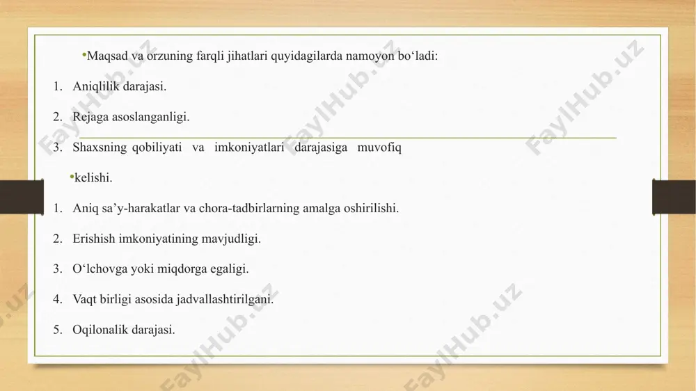 kelish mumkin bo‘lgan muammolarni bartaraf etishga xizmat qiladi. keyingi qilinishi zarur bo‘lgan vazifalardan biri – yaxshi reja tuzishdir! maslahatlardan foydalangan holda samarali reja tuzish hech narsadan qo‘rqmasdan, iroda va qat’iyat kuchi bilan olg‘a intilishga yordam beradi. mazkur jarayon davomida, inson o‘z ongining “qo‘rqoq” qismi bilan kurashgan holda aniq rejalar orqali maqsadga erishish yo‘llarini ishlab chiqishi zarur. agar dastlabki rejani o‘zgartirishga harakat qilsangiz, unda noqulay holatlar umuman bo‘lmasligiga urinsangiz sizda qiyinchiliklardan qochish hissi g‘olib bo‘lishga harakat qiladi. rejangiz dastlabkisidan uzoqlashgani sayin maqsadga erishish imkoniyati kamayadi. yana bir muhim qoida – katta maqsadlarni qismlarga ajratishdir! har qanday katta maqsadni, uni qismlarga ajratish orqali, murakkablik darajasini kamaytirish mumkin. agar maqsadlar kichik rejalarga bo‘linmas ekan, maqsad – tirmashib chiqish imkonsiz bo‘lgan tog‘dek ko‘rinadi. masalan, ko‘chmas mulk xarid qilish bir qarashda amalga oshirish imkonsiz istakdek ko‘rinadi, zero u juda katta mablag‘ni talab etadi. biroq maqsadni bosqichlarga bo‘lib, unga tomon muntazam qadamlar bilan harakat qilinsa, unga …