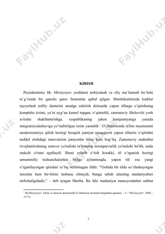 vivalentsizlik holatlarini yaponlab o’ta olmas ekanmiz, tilning bu jihatlarini ham chuqurroq o’rganishga majbur bo’lamiz. bugungi kunda davlat rahbarimiz biz yoshlarni zamonaviy ta’lim olishimiz, xxi asr talablariga to’laqonli javob beradigan kadrlarni yetishtirib chiqarish uchun barcha shart-sharoitlarni yaratib bermoqda. [1: sh.mirziyoyev erkin va faravon demokratik o’zbekiston davlatini birgalikda quramiz. - t.: “ma’naviyat”, 2008, - 137 b. ] mavzuning dolzarbligi. hozirgi kunda chet tili o`rganish davr talabidir. unga qiziqishi bor bo`lgan insonlarga chet tili o`rganishda kerak bo`ladigan asosiy yozma nutqda qo’llaniladigan kirish so’zlarni, ularni qo’llash haqida so’z yuritamiz. mavzuning o’rganilganlik darajasi. yapon tilidagi kirish so’zlar serqirra hodisa hisoblanadi. bu masala xususida yapon va jahon tilshunoslari ko’plab izlanishlar olib borishgan. mashhur yaponshunoslar so’z turkumining turli xil jihatlarini o’rganib chiqishgan. kurs ishining maqsadi. kurs ishining asosiy maqsadi yapon tilini o`rganishda yapon tilida yozma nutqda qo’llaniladigan kirish so’zlarni bilish. ishning maqsad va vazifalari. ishning maqsadi yapon tilidagi kirish so’zlarni yapon tiliga qiziquvchilar va talaba, yoshlar uchun …