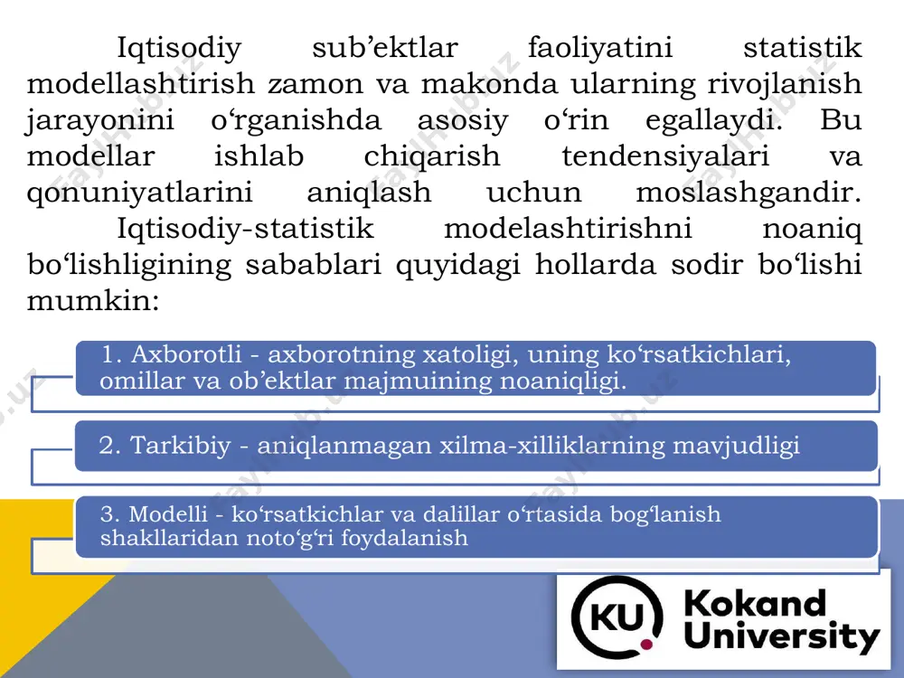 unga yaqin bog‘lanishlarning mavjudligi - multikollenearlik borligini ko‘rsatadi. 11. kuzatuvlar sonini oshirish uchun ularning makonda takrorlanishidan foydalanish mumkin emas. makonda hodisalarning o‘zgarishi avtoregressiyani vujudga keltirishi mumkin. 13. omillarni natural birlikda o‘lchashda nisbiy qiymatlarga nisbatan ortiqroq ko‘rish lozim. 12. har bir omil bo‘yicha taqsimot normal taqsimotga ega bo‘lishi shart emas. ekonometrik modellarga qo‘yiladigan asosiy talablar: barcha bog‘liq bo‘lmagan x- omillar asosiy bog‘liq bo‘lgan omil y-bilan zich bog‘langan bo‘lishi kerak bog‘liq bo‘lmagan x- omillar o‘zaro sust (kuchsiz) bog‘langan bo‘lishi kerak modelda kuzatilayotgan y -ning o‘zgarishiga kuchli ta’sir qilayotganasos iy omillar qatnashishi kerak e`tiboringiz uchun rahmat!