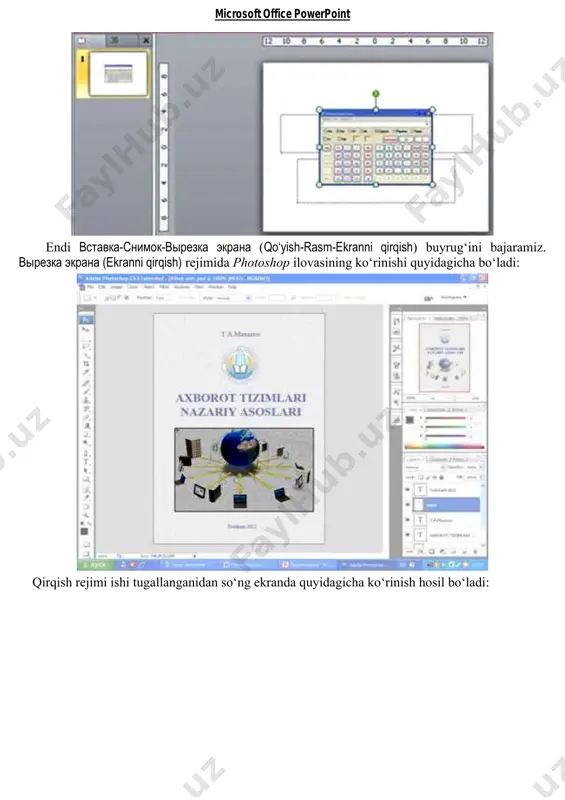 si bosilsa, uning tasviri (interfeysning ko‘rinishi) slaydga joylashadi (bu print screen klavishining ishini eslatadi). microsoft office powerpoint endi vstavka-snimok-virezka ekrana (qo‘yish-rasm-ekranni qirqish) buyrug‘ini bajaramiz. virezka ekrana (ekranni qirqish) rejimida photoshop ilovasining ko‘rinishi quyidagicha bo‘ladi: qirqish rejimi ishi tugallanganidan so‘ng ekranda quyidagicha ko‘rinish hosil bo‘ladi: microsoft office powerpoint dizayn (bezak) qo‘yilmasining temi (mavzular) guruhida taqdimot uchun 40 dan ortiq eski va yangi mavzular joylashgan. har bir mavzuning rangini sozlash, shriftini o‘zgartirish va turli effektlarni berish mumkin. animatsiya (animatsiya) qo‘yilmasining rasshirennaya animatsiya (kengaytirilgan animatsiya) guruhida obyektga bir necha animatsiya tadbiq qilish imkoniyati yaratib berildi. bunda rasshirennaya animatsiya (kengaytirilgan animatsiya) guruhining barcha buyruqlari slaydga ikkinchi tadbiq qilingan animatsiyani sozlash uchun mo‘ljallangan. pokaz slaydov (slaydlarni ko‘rsatish) qo‘yilmasida yangi tugma – shirokoveshatelniy pokaz slaydov (slaydlarni keng ekranli ko‘rsatish) paydo bo‘ldi. foydalanuvchilar uning yordamida sizning taqdimotingizni, powerpoint ilovasi o‘rnatilmagan bo‘lsa ham, o‘z web-brauzeri orqali ko‘rishlari mumkin. microsoft office powerpoint keng qamrovli namoyishni ta’minlash uchun ma’ruzachi fayl–soxranit …