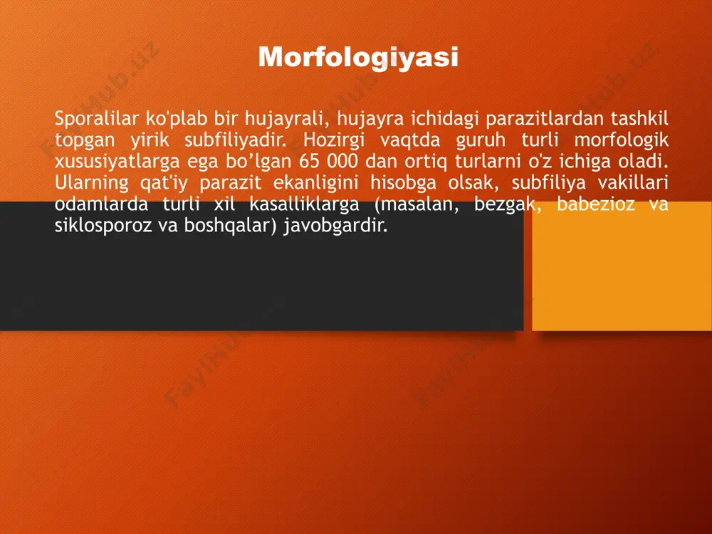 rogoniyadan o'tib, ookistlar ichida sporozoitlarni hosil qiladi. bu zigotaning oddiy bo'linishini yoki organizmga qarab bir nechta bo'linishni o'z ichiga olishi mumkin. ushbu bosqichda hosil bo'lgan sporozoitlar xost hujayralariga kirib, kasallikka olib keladigan yuqumli shakllardir. xost hujayralar ichida sporozoitlar (bu bosqichda trofozoitlar deb ataladi) shizogoniya deb nomlanuvchi jarayon orqali jinssiz ko'payishda davom etishi mumkin. bu merozoitlar deb nomlanuvchi shaxslarni hosil qilish uchun segmentatsiyaga uchragan ko'p yadroli shizontni hosil qilish uchun yadroning bo'linishini o'z ichiga oladi. bu shaxslarning ba'zilari aseksual ko'payish davom etadigan yangi hujayralarga kirib boradi, boshqalari esa jinsiy ko'payishda ishtirok etadigan gamontlar hosil qiladi. hayotiy tsiklining metagamik davrida sporozoa, shuningdek, himoya qoplamasi bilan ajralib turadigan sporlar hosil qilishi mumkin. parazitning bu shakli ularga uzoq vaqt davomida noqulay ekologik sharoitlarda omon qolish imkonini beradi. bezgak paraziti bezgak (ital. malaria, mala aria — badboʻy havo) — bezgak plazmodiylari qoʻzgʻatadigan invazion kasallik; isitma tutishi, qonda jiddiy oʻzgarishlar sodir bo’lishi, kamqonlik, jigar va taloqning …