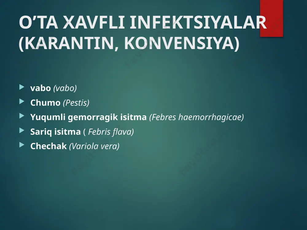 n - 0,5 g dan kuniga 4-6 marta, 3) xloramfenikol - 1 g dan kuniga 3 marta. kuydirgi barcha shakllar uchun inkubatsiya davri 1 kundan 6 kungacha. kasallikning shakllari 1) teri - (karbunkulyoz shakli) - (95%) 2) o'pka shakli - (5%) 3) ichak - (<1%). 4) septik shakl - barcha ichki organlarning shikastlanishi bilan kasallangan bemorning terisi . yunon tilidan kuydirgi atamasi kasallikning teri shaklida paydo bo'ladigan yaralarning xarakterli ko'mir-qora rangi tufayli "ko'mir" deb tarjima qilinadi. meningeal kuydirgi kuydirgi miya atrofidagi to'qimalarga hujum qilganda, u katta qon ketishiga olib keladi. siz fotosuratda ko'rgan rasm "qizil qalpoq" yoki "kardinal qalpoq" deb ataladi. orofaringeal shakl orofaringeal kuydirgi tomoq og'rig'i va yutish qiyinligi bilan tavsiflanadi. tashqi tomondan, orofarenksdagi jarohatlar teri yaralariga o'xshaydi. klinika yuqori harorat qattiq nafas qisilishi taxipnea siyanoz ko'p terlash qonli qusish ko'krak og'rig'i (bu o'tkir miokard infarktiga taqlid qilishi mumkin) tezkor yordam 1) 150-200 mg prednizolon . kun davomida yuboriladigan …