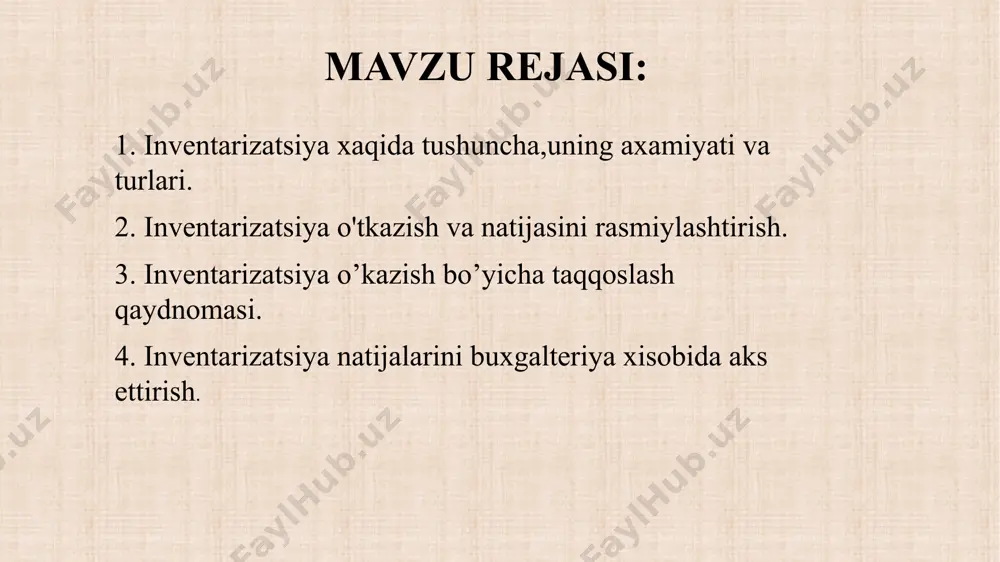 tlar aks ettiriligan bulishi lozim.buyruq tartib raqami moddiy zaxiralar soni, ularning tuzilgan sanasi, mulkiy va moliyaviy ro'yxati, majburiyatlar rahbar tomonidan belgilanadi. inventarizatsiya o`tkazish uchun - tashkilotda doimiy inventarizatsiya komissiyasi tuziladi, uni tarkibidi quyidagilardan iborat: 1. xo‘jalik yurituvchi subyekt rahbari yoki uning o'rinbosari (komissiya raisi); 2. bosh hisobchi; 3. boshqa mutaxassislar (muhandislar, iqtisodchilar, texnik xodimlar va boshqalar). inventarizatsiya rasmiylashtirilishi bilan bogliq inventarizatsiya dalolatnomasi va inventarizatsiya ro‘yxtini komissiya azolarining barchalari va moddiy javobgar shaxs imzolari bilan tasdiqlashlari kerak . doimiy inventarizatsiya komissiyasi vazifasi: 1. moddiy boyliklar xavfsizligini ta'minlash uchun profilaktika ishlarini olib borish. 2. inventarizatsiya komissiyasi a'zolariga yo`riqnoma ishlab chiqish. 3. inventarizatsiya to`g`ri o`tkazilishini nazorat qilish 4. inventarizatsiya natijalarini to'g'ri xisoblanganligini tekshirish. 5. zarur holatlarda qayta inventarizatsiya o`tkazish. 6. kamomad yoki zarar keltirib chiqargan shaxslardan olingan tushuntirish xatlarini ko'rib chiqish. e’tiboringiz uchun raxmat image1.jpeg image2.png /docprops/thumbnail.jpeg