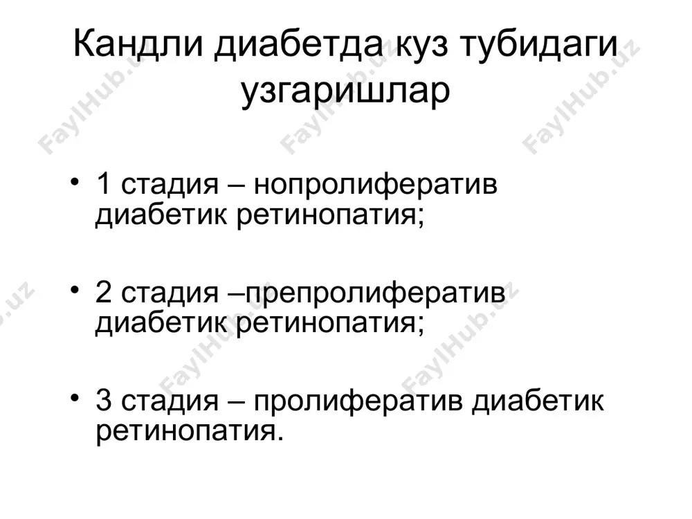 гилари ривожланса 2. анамнезида бундан олдинги хомилада тур парда кучиши еки гипертоник ретинопатия ривожланган булса 3. кисман курув нерви атрофияси ривожланган булса 4. хомиладор аелнинг иккала кузида хам тур парда миопик дегенерацияси ривожланган булса 5. агар куриш уткирлиги пасайган, аммо 0,5 дан кам булмаса; курув майдони торайган, аммо 35 градусдан кам эмас булса. кесар кесишга абсолют курсатмалар: ушбу тугрук вактида пайдо булган тур парданинг кучиши хомиладорликнинг 30-40 хафтасида аникланган ва операция килинган тур парданинг кучиши бир донагина соглом кузда аввал операция килинган тур парда кучиши бир донагина соглом кузда юкори даражали асоратли миопиянинг мавжудлиги юкори даражали миопиянинг бошка экстрагенитал еки акушерлик патология билан бирга учраши асоратли тез ривожланувчи юкори даражали миопиянинг мавжудлиги (йилига 1,0 -1,5 дптр дан купрок) кесар кесишга нисбий курсатмалар: витреоретинал тракциялар билан бирга катта хажмдаги пвхрд учокларни мавжудлиги. анамнезда тур парданинг кучиши. тур парда кучиши сурункали гепатитда куз тубидаги узгаришлар 1. тур парда ангиопатияси 2. ангиоретинопатия; тур …