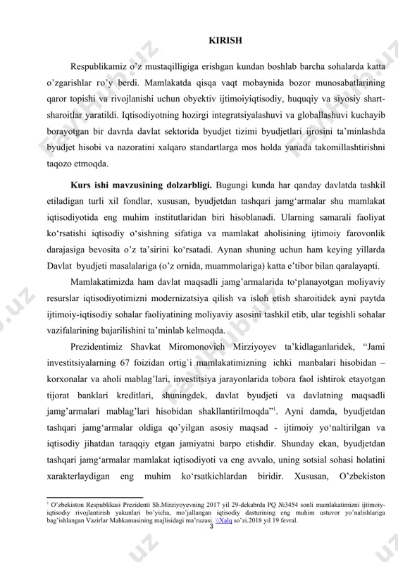 atimizni ijtimoiy-iqtisodiy rivojlantirish yakunlari bo’yicha, mo’jallangan iqtisodiy dasturining eng muhim ustuvor yo’nalishlariga bag’ishlangan vazirlar mahkamasining majlisidagi ma’ruzasi. \\xalq so’zi.2018 yil 19 fevral.] bizga ma’lumki, juda qadimdan kishilik jamiyati taraqqiy etib borar ekan, insonlar ma’lum maqsad va rejalarni ko’zlagan holda o’zlari alohida yoki jamoaviy tarzda turli xil jamg’armalar tashkil qila boshlashgan va vaziyat taqozosi bilan ulardan foydalanishgan. bora-bora bu amaliyot taraqqiy topib, jamg’armalar aynan bir maqsadda hamda ma’lum davriy ketma-ketlikda shakllantirila boshlangan. kurs ishi mavzusining maqsadi.davlat maqsadli jamg’armalarining mamlakat iqtisodiyotini modernizatsiyalashda tutgan ahamiyatini yanada chuqurroq o’rganish, iqtisodiy ko’rsatkichlarni tahlil qilish hamda zarur xulosalar chiqarish, shuningdek, ushbu sohada mavjud muammolarni aniqlash va ularni bartaraf etishning samarali choralarini qo’llash bo’yicha takliflar berish, jahon tajribasini mamlakatimizda qo’llash shart-sharoitlari borasida tavsiyalar ishlab chiqishdan iboratdir. davlat byudjeti va davlat maqsadli jamg’armalari byudjetlarining ijrosi hisobining huquqiy asoslari. davlat byudjeti va davlat maqsadli jamg’armalarida buxgalteriya hisobini tashkil qilishning uslubiy asoslari ma’lumki, buxgalteriya hisobi bu yaxlit va uzluksiz holda …