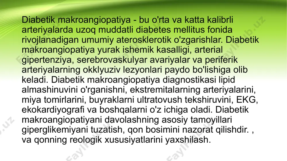ing disfunktsiyasiga, ya'ni diabetik neyropatiyaning rivojlanishiga yordam beradi. diabetik makroangiopatiyaning belgilari diabetik makroangiopatiyada koronar arteriyalar va aortaning aterosklerozi uning o'tkir (miokard infarkti) va surunkali (kardioskleroz, angina) shakllari bilan yurak-qon tomir kasalliklarining rivojlanishi bilan namoyon bo'ladi. qandli diabetda ihd atipik (aritmik yoki og'riqsiz) paydo bo'lishi mumkin, bu esa to'satdan koronar o'lim xavfini oshiradi. diabetik makroangiopatiya ko'pincha infarktdan keyingi turli xil asoratlar bilan birga keladi: anevrizmalar, aritmiya, tromboemboliya, kardiogen shok, yurak etishmovchiligi. diabetik makroangiopatiya bilan takroriy miyokard infarktining rivojlanish ehtimoli juda yuqori. qandli diabet bilan og'rigan bemorlarda yurak xurujidan o'lim xavfi diabetsiz odamlarga qaraganda 2 baravar yuqori. diabetik makroangiopatiyadan kelib chiqqan miya tomirlarining aterosklerozi bemorlarning 8 foizida uchraydi. bu surunkali miya yarim ishemiyasi yoki ishemik insult sifatida namoyon bo'lishi mumkin. qandli diabetning serebrovaskulyar asoratlari ehtimoli arterial gipertenziya mavjud bo'lganda 2-3 barobar ortadi. periferik tomirlarning aterosklerotik lezyonlarini yo'q qilish (obliteratsiya qiluvchi ateroskleroz) qandli diabet bilan og'rigan bemorlarning 10 foiziga ta'sir qiladi. bu holda …