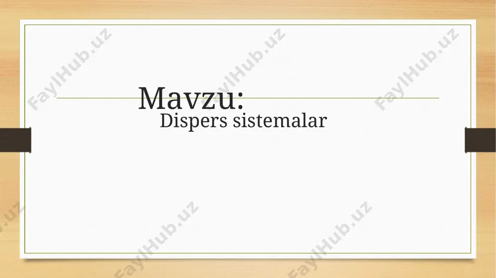 ar va h.k.). dispers muhit va dispers fazalar tasirlashuv tabiati bo‘yicha sinflanish turi. dispers faza va muhit orasida kuchli tasirlashuv sodir bo‘ladigan sistemalar liofil (dispers muhit suv bo‘lsa - gidrofil) sistemalar deb ataladi . dispers faza zarrachalari dispers muhit bilan kuchsiz tasirlashish xususiyatiga ega bo‘lgan sistemalar ─ liofob (gidrofob) sistemalar deyiladi kolloid eritmalarni olinish usullari dispersionusullar ultratovush kolloiddisperssitemalarningolinishusullari kondensatsiyausuli kimyovyreaksiyalarasosida:oksidlanish,qaytarilish,gidrolizalmashinish mexanik erituvchini almashtirish bilvosita peptizatsiya bevosita disperslash usuli yirik zarrachalarni maydalashga asoslangan bo‘lsa kondensatsiyalash usuli kichik zarrachalarni kolloid zarrachalar kattaligigacha kattalashtirishga asoslangan usuldir. kondensatsiya usuli. yuqoridagidan farqli ravishda bu usul yordamida kolloid eritmalar molekulyar yoki ion tabiatli zarrachalarni yiriklashtirish (agregatlashtirish) orqalii olinadi. 1. mexanik maydalash maxsus mashinalar yordamida bajariladi. bu mashinalarning ish usuli zarba yordamida maydalash va ishqalashga asoslangan. 2. elektr toki yordamida maydalashda maydalanishi zarur bo‘lgan metalldan tayyorlangan elektrod stabilizator tutgan suyuq muhitga tushiriladi va 5-10 a tok bergan holda elektr uchquni (yoyi) hosil bo‘lguncha yaqinlashtiriladi. ultratovush tebranishlar ham …