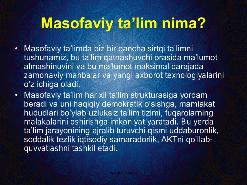 di. bu usul "e- lektsiyalar" deb nomlanadi. • barcha talabalar bilan faol yondashuv usuli. bu usul telekommunikatsiya sohasini o’rgatishni bosqichma-bosqich yo’lga qo’yadi. bu usullarning rivojlanishi konferentsiya va muhokama qilish jarayoni bilan bog’liq. bu ta’lim tizimining muhim roli kompьyuter konferentsiyalarini amalga oshirish. • • mazkur faol rivojlanib kelayotgan loyihalardan biri, ixtisoslashgan o’rta maktab, akademik litsey va kollejlar fan o’qituvchilari, shuningdek maktablardagi o’qituvchilarning metodik birlashmalarni boshkaruvchi raxbarlar, direktorlarni metodik ishlari bo’yicha o’rinbosarlar, xtb metodistlari katta qismga mo’ljallangan. www.arxiv.uz o`qitish usullari. axborotli- rеtsеptli rеpraduktivli muomila bayon qilish evristik izlanuvchanlik www.arxiv.uz iearn markazi masofaviy kurslari, kasbiy rivojlantirishga qaratilgan, ya’ni: • o’zining malakasini oshirishni xohlagan va ta’limda telekommunikatsion loyixalarni imkoniyatlarini bilishni xohlagan o’zbekistonning o’rta maktab o’qituvchilari uchun; • ta’lim borasida ish olib boruvchi ishchilar, maktab direktorlari , ish bilan paralel ravishda o’zining kadrlarini tayerlashga qiziqqan barcha ta’lim muassasalari uchun; • malaka oshirish institutlari o’qituvchilar, ishchilari, pedogogika universiteti talabalari uchun; • iearn fasilitator markazi tarmoqda ishlash …