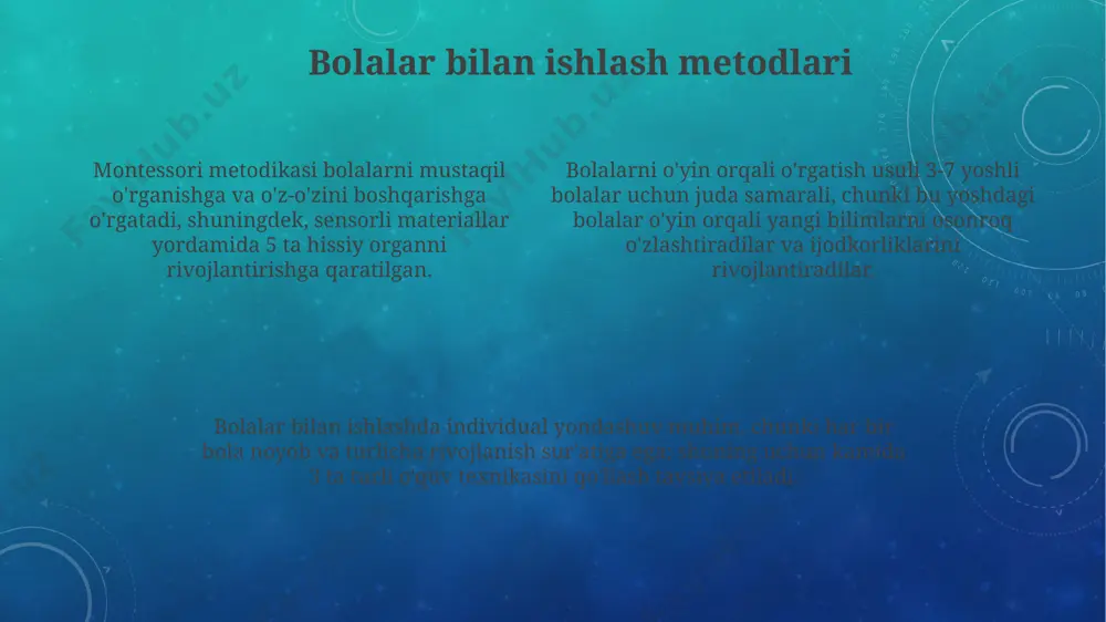 sa, malakali mutaxassislarning kamligi, o'rtacha 30% ni tashkil etadi va bu ta'lim sifatiga salbiy ta'sir ko'rsatadi. kam ta'minlangan oilalardagi bolalar uchun maktabgacha ta'lim xizmatlariga kirish imkoniyati cheklangan, taxminan 15% bolalar majburiy maktabgacha ta'limdan mahrum bo'ladi. o'quv dasturlari va o'yinlar o'yinlar, jumladan, rol o'ynash, konstruktorlar va san'at faoliyati, bolalarning muammolarni hal qilish ko'nikmalarini rivojlantirishda muhim rol o'ynaydi, ularning ijodiy fikrlash qobiliyatini 20% ga oshirishi mumkin. ta'lim o'yinlari va dasturlari orqali bolalar 50 dan ortiq yangi so'z va tushunchalarni o'rganishlari, shuningdek, harflarni va raqamlarni tanib olish ko'nikmalarini rivojlantirishlari mumkin, bu esa maktabga tayyorgarlikni yaxshilaydi. o'quv dasturlari yoshga moslashtirilgan holda, bolaning rivojlanish bosqichlarini hisobga olgan holda, 3-5 yoshgacha bo'lgan bolalar uchun 4 ta asosiy sohaga (til rivojlanishi, matematik tayyorgarlik, ijtimoiy-emotsional rivojlanish va kognitiv rivojlanish) qaratilgan bo'lishi kerak. ta'lim muhitiga ta'sir preschool o'qituvchilarining bolalarga o'ziga ishonchni oshirish, muammolarni hal qilish ko'nikmalarini rivojlantirishdagi ta'siri kamida 5 yillik ta'limga teng keladi, bu esa ijtimoiy moslashuvchanlikni yaxshilaydi. …