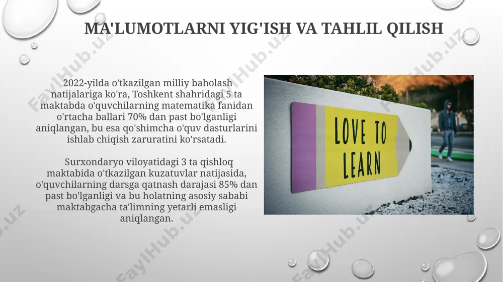 m sifati monitoringi bo'yicha qo'shimcha qoidalarning joriy etilishiga olib keldi. ta'lim jarayonini boshqarish va nazorat qilish samarqand viloyatida 50 ta maktabda amalga oshirilgan sinflararo taqqoslash tahlili, o'qituvchilarning malaka oshirish kurslarida ishtiroki bilan o'quvchilarning akademik ko'rsatkichlari o'rtasida ijobiy korrelyatsiya mavjudligini aniqladi. 2022-yilda o'tkazilgan milliy baholash natijalariga ko'ra, toshkent shahri maktablari o'quvchilarining matematika fanidan o'rtacha ballari respublika ko'rsatkichlaridan 15% yuqori bo'ldi, bu ta'lim sifatini monitoring qilishning muhim ko'rsatkichi hisoblanadi. e'tiboringiz uchun rahmat @taqdimot_robot image3.png image4.jpg image5.jpg image6.jpg image7.jpg image8.jpg image9.jpg image10.jpg image11.jpg image12.jpg image13.jpg image14.jpg image15.jpg image16.jpg image17.jpg image18.jpg image19.jpg image20.jpg image1.png