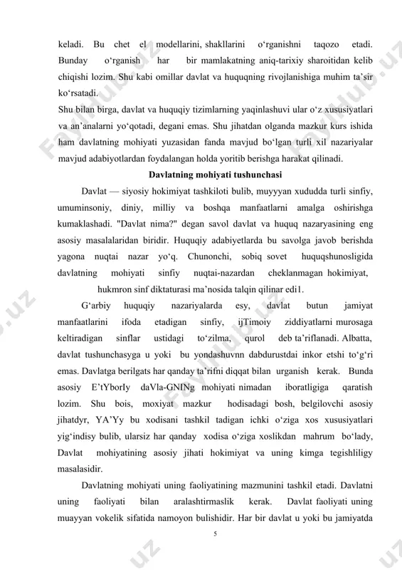 ikdan mahrum bo‘lady, davlat mohiyatining asosiy jihati hokimiyat va uning kimga tegishliligy masalasidir. davlatning mohiyati uning faoliyatining mazmunini tashkil etadi. davlatni uning faoliyati bilan aralashtirmaslik kerak. davlat faoliyati uning muayyan vokelik sifatida namoyon bulishidir. har bir davlat u yoki bu jamiyatda tutgan o‘rniga qarab o‘z mohyyatiga ega bo‘ladi. davlatning mohiyatini aniqlashda shakl mazmun jihatiga e’tnbor berish zarur: birinchidan, har qanday davlat — siyosiy hokimyat tashkiloti. bu masalaning shakliy tomoni; ikkinchidan, davlat kimning manfaatlariga xizmat qiladi. bu masalaning mazmun jihatidir. davlat haqidagi fan tarixi murakkab, serkirra jarayondir. ushbu fan doirasida davlatchilik tabiati, tuzilishi va funksiyalari haqidagi, davlatning paydo bulishi va evolyutsiyasi to‘g‘risidagi bilimlar tuplanib, boyib boradi. davlat tushunchasi va mohiyatini kurib chiqishga kirishishdan oldin, ularning talkini turlicha bulib kelganiga e’tiborni qaratish joiz. davlat mohiyatini urganishga turlicha metodologik yondashuvlarning mavjudligi buning asosiy sababidir. chunonchi, sho‘rolar davridagi adabiyotlarda davlat yagona sinfiy nuqtai nazardan tushuntirilgan, ya’ni unga hukmron sinfning cheklanmagan hokimiyati, diktatura quroli sifatida …