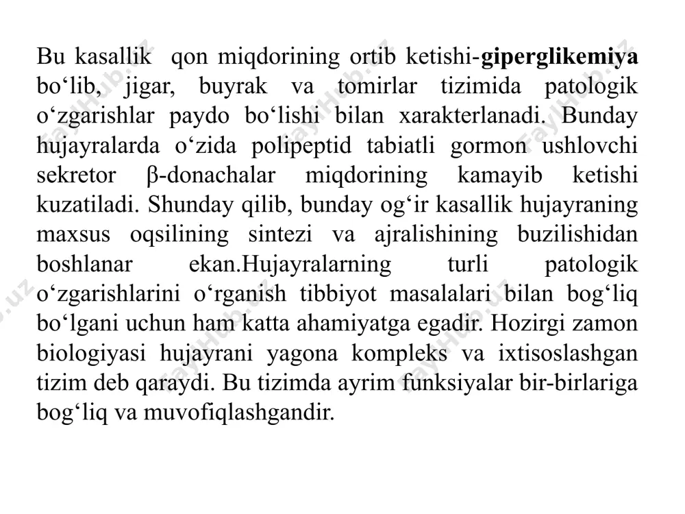 a’zan, endoplazmatik to‘r kanallarida moddalarning to‘planishi yuz beradi. bu sintezlangan moddalarning golji apparatiga transport qilinishini buzilishidan kelib chiqadi. golji apparati sisternlari ham kengayadi yoki mayda vakuolalarga parchalanadi, ularning ichida sekretsiya mahsulotlari to‘planadi lizosoma faoliyati ham o‘zgaradi, bu ikki xil ifodalanadi: birinchisilizosomalarning o‘zlari ham patologik o‘zgarishlarga uchraydi, ikkinchisi-boshqa hujayra komplekslari o‘zgarishlariga lizomosaning reaksiyasi ko‘rinishida bo‘ladi. lizosoma apparatining faollashuvi ko‘proq, hujayraichi strukturalarining buzilishiga javob sifatida bo‘ladi va avtofagosomalar hosil bo‘ladi. hujayra buzilganda mitotik faollik keskin pasayadi, mitotik apparati buzilishi natijasida hujayra mitozning turli bosqichlarida to‘xtab qoladi. kolxisinyordamida mikronaychalar buzilsa ham shu natijaga olib keladi. turli ta’sirlar ostida sitoplazmada yuz berayotgan o‘zgarishlarning yig‘indisini “paranekroz” deb ataladi. hujayralarda patologik jarayonlarning rivojlanishi, noqulay ta’sir olib tashlanganda yoki to‘xtatilganda to‘xtaydi, demak bu jarayon qaytardir. ammo, qaytmas buzilishlarda hujayra o‘ladi. hujayra darajasidagi patologik o‘zgarishlar faqat hujayraning buzilib ketishi ko‘rinishidagina bo‘lmaydi bunda turli moddalarning to‘planishi kuzatiladi. patologik anatomiyada buni “distrofiya” deyiladi. yog‘ distrofiyasida hujayrada yog‘ tomchi shaklida yig‘iladi. …