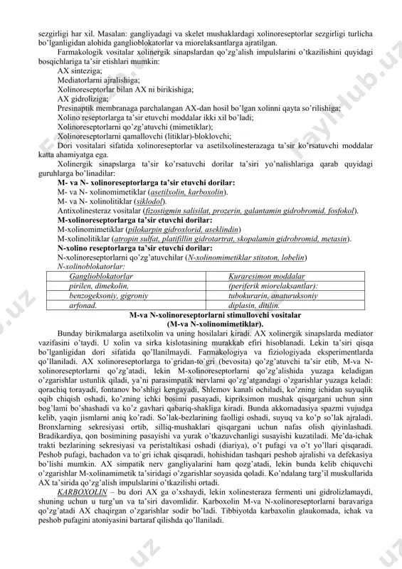 birinchi yordam choralari qanday? 7. m-xolinomimetiklarga qaysi vositalar kiradi? 8. pilokarpining ko’uzga ta’siri? 9. m-xolinomimetiklar ta’siri? 10. bronxospazmda qo’llaniladigan preparatlar? 11. m-xolinimimetiklarning asosiy ta’siri? 12. atropin sulfatning ta’sir mexanizmi? 13. m-xolinoblokatorlarni qo’llash uchun ko’rsatmalar? 14. m- xolinoblokatorlarni nojuya ta’sirlari qanday? 15. atropin mns ga qanday ta’sir ko’rsatadi? 16. atropindan zaharlanish va unga qanday yordam choralari ko’rsatiladi? 17. skopominning o’ziga xos xususiyatlari qanday? 18. metasinning o’ziga xos xususiyatlari qanday? 5.2. mashg’ulot mazmuni efferent innervasiyaga ta’sir etuvchi dori vositalari. markazdan qochuvchi (efferent) nerv tolalari 2 ta katta guruhga bo’linadi: vegetativ nerv sistemasi (ichki a’zolar, tomirlar, bezlar, silliq mushaklar faoliyatini boshqaradi. uni boshqacha avtonom, visseral nerv sistemasi deb ataladi). somatik nerv sistemasi (tayanch harakat sistemasini boshqaradi, skelet mushaklari faoliyatini boshqaradi). vegetativ nerv sistemasi o’z navbatda 2 xil nervlardan iborat: · parasimpatik · simpatik ular bir-birlaridan anatomik tuzilishi, bajaradigan ishi va fiziologik faolligi bilan farqlanadi. anatomik farqlar 1. markaziy nerv sistemasidan chiqish joyi har …