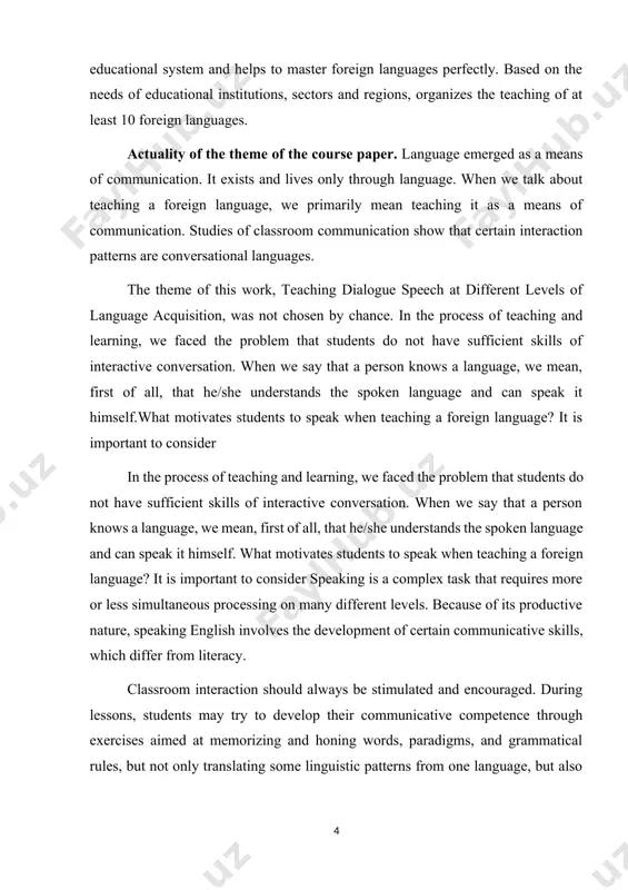 arguing. etc. the actuality of the course paper. the relevance of the course work is that it takes topics such as an in-depth analysis of the importance of educational technologies in the development of dialogic speech of learners at the b1 level of academic lyceum students, the formation of their learning skills, learning to develop their personal aura in a communicative environment. . for this reason, the subject of the course work includes the students of the intermediate level of the academic lyceum. in the growth of their dialogic speech activities, personal conclusions are given by considering the theoretical and practical analysis of educational technologies. the object and subject matter of the course paper. the goals of the course work are as follows: 1. critical analysis of dialogical speech; 2. to study dialogic speaking components and parts of speech 3. analyzing the theoretical base of dialogic speaking 4. to study …