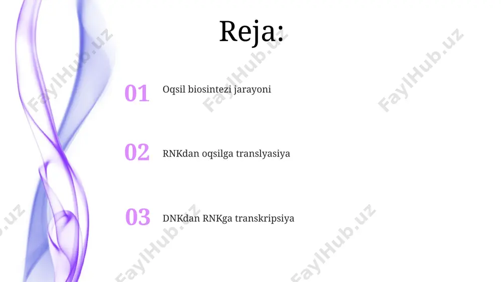bosqichlari oqsilning to'g'ri katlanishi va post-translatsion modifikatsiyasi 100 dan ortiq fermentlarning ishtiroki bilan sodir bo'lib, oqsilning funksiyasi uchun muhim ahamiyatga ega. translatsiya bosqichida mrnkdagi kodonlar ribosomalar tomonidan o'qilib, 61 ta kodon har biri o'ziga mos trna molekulasi orqali 20 ta aminokislotadan biri bilan bog'lanadi. irnkning yetuklanishi poli(a) dumining qo'shilishi, ya'ni mrna ning 3’ uchiga 200 ga yaqin adenin nukleotidlarining qo'shilishi, mrna ning barqarorligini oshiradi va translyasiyani boshlashga yordam beradi. yetuk mrna ning 5’ uchiga 7-metilguanozin qopqoqchasi qo’shiladi, bu uning transkripsiya darajasini oshiradi va translyasiya jarayonida himoya vazifasini bajaradi. e'tiboringiz uchun rahmat @taqdimot_robot image4.jpg image5.jpg image6.jpg image7.jpg image8.jpg image9.jpg image10.jpg image1.jpeg image2.jpeg image3.jpeg