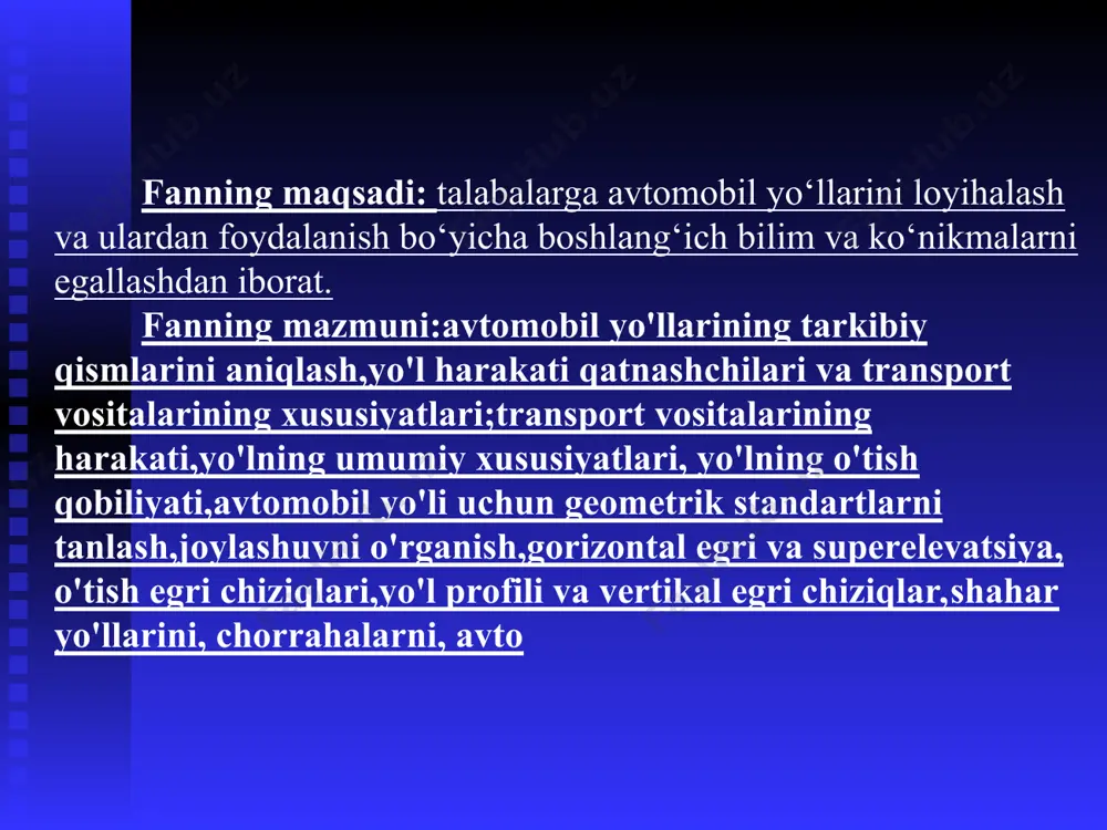 rga ham, avtomashinalarga ham xizmat ko'rsatishga mo'ljallangan korxonalarning keng tarmog'ini (yo'l bo'yidagi oziq-ovqat shoxobchalari, mehmonxonalar, texnik xizmat ko'rsatish shoxobchalari, yoqilg'i quyish shoxobchalari, kir yuvish shoxobchalari va boshqa ob'ektlar) yaratish bilan birga olib borilishi kerak.ushbu tuzilmalarning barcha majmualari yo'lni ishga tushirish bilan bir vaqtda foydalanishga topshirilishi kerak. * 13 yo'l loyihasida qurilishni zamonaviy mexanizatsiyadan maksimal darajada foydalangan holda tashkil etish ham ko'zda tutilishi kerak.dizaynerlar o'z ishlarida zamonaviy dizayn tizimlari va dasturiy ta'minot tizimlarining ulkan imkoniyatlaridan foydalanadilar, bu ularga murakkab hisob-kitoblarni tezda amalga oshirish va bir qator mezonlar bo'yicha variantlarni solishtirish imkonini beradi.magistral yo‘llarni kompyuter yordamida loyihalashning yaxlit tizimi (cad-ad) tobora ko‘proq joriy etilmoqda. * 13 o‘zbekiston respublikasini iqtisodiy va ijtimoiy rivojlantirishning asosiy yo‘nalishlari mamlakatimizning, birinchi navbatda, qishloq joylarda yo‘l infratuzilmasini yanada rivojlantirishni nazarda tutadi.qishloq joylarda asfaltlangan avtomobil yo‘llari, umumiy foydalanishdagi avtomobil yo‘llari va xo‘jalik ichidagi ahamiyatga ega yo‘llarni qurish va rekonstruksiya qilish rejalashtirilgan.respublikamiz hududida avtomobil yo'llari tarmog'ining taqsimlanishi hali ham juda …