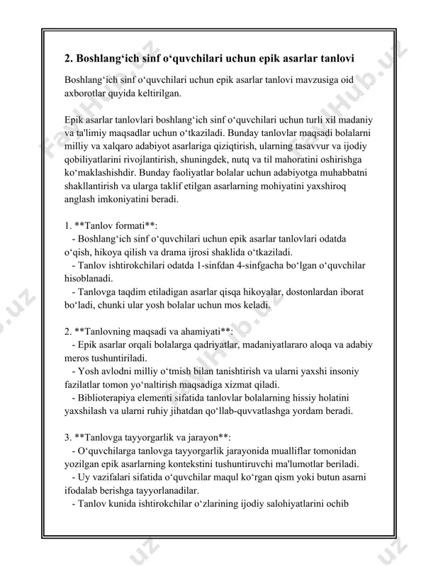 ish. ko'pincha epik asarlar hajmi katta bo'lganligi sababli, ularni to'liq o'qish qiyin bo'lishi mumkin. shu sababli, o'quvchilarga asarni qismlarga bo'lib, muhim epizodlarni tahlil qilish orqali tushuntirish tavsiya etiladi. bu holatda, asarning asosiy syujet chizig'i, qahramonlar va ularning o'ziga xos xususiyatlari haqida gapirish mumkin. uchinchi usul – interaktiv metodlardan foydalanish. zamon talablariga mos ravishda, interaktiv ta'lim usullari tobora mashhur bo'lib bormoqda. masalan, epik asarlarni teatr ko'rinishida sahnalashtirish yoki multimedia vositalari yordamida vizualizatsiyasini yaratish orqali o'quvchilarning diqqat-e'tiborini oshirish mumkin. raqamli platformalar va e-kitoblar orqali asarlar bilan tanishish ham bu jarayonni yanada qulaylashtiradi. to'rtinchi usul – epik asarlarni zamonaviy asarlar bilan qiyoslash va ulardan kelib chiqqan ilhomlarni o'rganish. ko'plab zamonaviy adabiy va kino asarlari epik yodgorliklardan ilhomlanadi. masalan, "uzuklar hukmdori" trilogiyasi yoki "qahramonlar" seriali ko'plab qadimiy epik syujetlarga asoslanadi. bu orqali o'quvchilarga epik asarlarning zamonaviy madaniyatga ta'sirini ko'rsatish mumkin. beshinchi usul – epik asarlardagi qahramonlar xarakterini tahlil qilish. epik asarlarda qahramonlar ko'pincha o'ziga …
