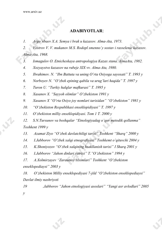 klopidiyasi” t. 1997 y 11. o’zbekiston milliy enseklopidiyasi. tom 1 t. 2000 y 12. s.n.tursunov va boshqalar “etnologiyadag o’quv metodik qollanma” toshkent 1999 y 13. azamat ziyo “o’zbek davlatchiligi tarixi” toshkent “sharq” 2000 y 14. i.jabborov “o’zbek xalqi etnografiyasi” toshkemt o’qituvchi 2004 y 15. k.shoniyozov “o’zbek xalqining hsakllanish tarixi” i sharq 2001 y 16. i.jabborov “jahon dinlari ratrixi” t.”o’zbekiston” 1994 y 17. a.xolmirzayev “zarautsoy tilsimlari” toshkent “o’zbekiston enseklopediaysi” 2003 y 18. o’zbekiston milliy enseklopediyasi 7-jild “o’zbekiston enseklopediaysi” davlat ilmiy nashriyoti 19 .jabborov “jahon etnologiyasi asoslari” “yangi asr avlodlari” 2005 y