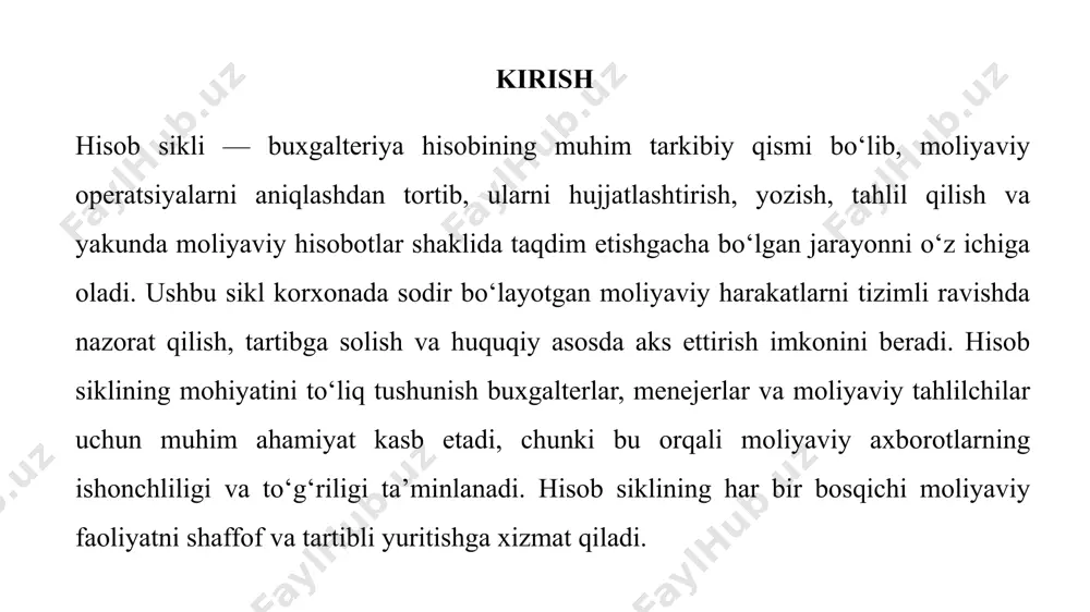 a auditorlar uchun asosiy tekshiruv vositasi vazifasini bajaradi. jurnalga yozuvlar jurnalga yozuvlar — buxgalteriya hisobining muhim bosqichlaridan biri bo‘lib, moliyaviy operatsiyalarni u sodir bo‘lgan vaqt tartibida xronologik tarzda qayd etishni nazarda tutadi. bu jarayon orqali har bir operatsiya asoslovchi hujjatlar asosida jurnalga kiritiladi va keyinchalik bu yozuvlar hisobvaraqlarga ko‘chiriladi. asosiy prinsipga ko‘ra, har bir yozuvda debet va kredit summalari bir-biriga teng bo‘lishi shart. bu buxgalteriya tenglamasining saqlanishini va hisob-kitoblarning to‘g‘riligini ta’minlaydi. jurnal yozuvlari buxgalteriya axborotining aniqligi va izchilligini belgilovchi asosiy manba hisoblanadi. bosh kitobga o‘tkazish bosh kitobga o‘tkazish — bu jurnalga yozilgan moliyaviy operatsiyalarni tegishli hisobvaraqlarga tartibli va tizimli tarzda ko‘chirish jarayonidir. bu bosqichda har bir jurnal yozuvi bosh kitobdagi mos hisobvaraqqa joylashtiriladi. bosh kitob har bir hisobvaraqning holatini, ya’ni harakatlar va qoldiqlarni aks ettiruvchi asosiy buxgalteriya registri hisoblanadi. uning asosiy maqsadi — moliyaviy operatsiyalar natijasida yuzaga kelgan o‘zgarishlarni har bir hisobvaraq kesimida kuzatish, tahlil qilish va nazorat qilish imkonini …