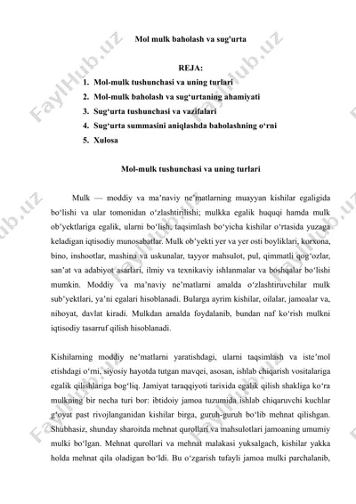 mol mulk baholash va sug'urta — DOCX