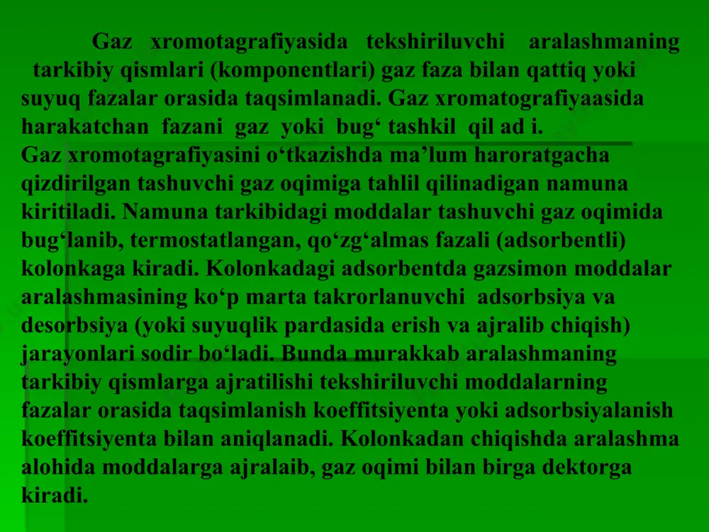 alar kinetikasini va boshqalarni aniqlashda keng qо‘llaniladi. gaz xromatografiyasidan kо‘p komponentli murakkab aralashmalarini tahlil qilishda, mikroqo’shimchalarini aniqlashda, uchuvchan bо‘lmagan birikma (polimerlar) tahlilida element tahlili va boshqalarda ham foydaniladi. kapillyar xromatografiyaa usulida juda nozik aralashmalarni ham tarkibiy qismlarga ajratish mumkin. masalan, kapillyar xromatografiyaa usuli vositasida 15-20 birikmadan tashkil toptan izomer uglevodorodlar aralashmasini bir necha minutda tarkibiy qimslarga ajratish va miqdoriy aniqlash mumkin. kapillyar xromatografiyaaning afzalliklaridan yana biri jarayonni amalga oshirish uchun gazdan juda oz hajmda zarur bо‘lishidir. neftning fraksiyasini 125 c xromatogammasi (-qo’zgalmas faza 50 °c). 1-izopentan; 2-n-pentan; 3-2,2-etilbutan; 4-siklopentan; 5-2,3-dimetshbutan; 6-2-metshpentan, 7-3-metshpentam, 8-n-geksan, 9-2,2-dimetilpentan, 10- metilsiklopentan, 11-2,4—dimetilpentan, 12-benzol, 13-3,3-dimetilpentan, 14-siklogeksan, 15-2-metilgeksan, 16-2,3-dimetilpentan, 17—1,1- dimelpentan, 18- 3-metilgeksan, 19-1,3-sis-dimetilsiklopentan, 20-1,3--trans-dimetilsiklopentan, 21- 1,2—trans-dietilsiklopentan +3-etshpentan, 22- n-geptan, 23-1,2-sis-dimetiisiklopentan+2,2-dimetilgeksan. 24-1,1,3-trimetilsiklopentan, 25- metilsiklogeksan, 26- 2,5-dimetilgeksan, 27-2,4-dimetilgeksan, 28-etilsiklopentan, 29-2,2,3-trimetilpentan, 30-1,2,4-trans-trietilsiklopentan, 31-3,3-dimetilgeksan, 32-toluol, 33-1,2,3-trans-trietilsiklopentan, 34-2,3,4-trimetilpentan, 35-2,3-dimetilgek-san +2,3-metiletilpentan+2,3,3-trimetilpentan, 36-1,1,3-trimetil-siklopentan, 3 7-2-metilpentan, 38-4-metilpentan,.39-3,4-dimetil-geksan.,40-3-metilgeptan, 41-3-etilgeksan+1,2,4 n(sis, trans-trieti1siklopel 7 il 42-1,2,3-trans, sis-trimetilsiklopentan, 43-1,3-sis-dimetilsiklo-geksan + 1,4-trans-dimetilsiklogeksan, 44-1,3-sis-metiletilsiklo-pentan, 45-1,3-trans-metiletilsiklopentan, 2-trans-metiletilsikpopentan, 46-1,1-metiletilsiklopentan,47- n