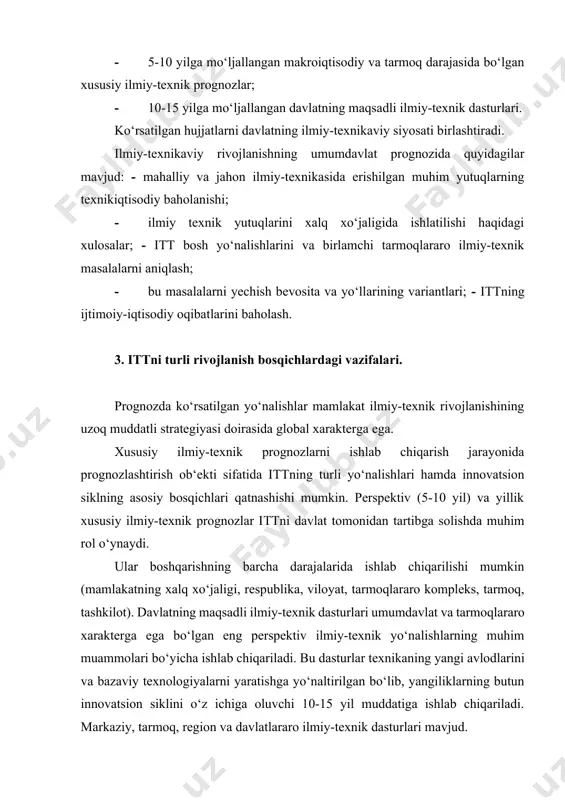 ari quyidagilar: 1) ilmiy-texnik potensialni rivojlantirish, ratsional joylashtirish va samarali foydalanish. 2) moddiy ishlab chiqarish sohasida progressiv tuzilmaviy o‘zgarishlarni ta‘minlash, uning samaradorligini va mahsulot raqobatbardoshligini oshirish. 3) davlat iqtisodiyotini rivojlantirishda ilm va fan- texnikaning hissasini oshirish, muhim ijtimoiy masalalarni amalga oshirish. 4) mamlakat mudofaa kuchlarini mustahkamlash. 5) ekologik muhitni yaxshilash va boshqalar. bozor iqtisodiyoti sharoitlarida asosiy masalalardan biri, ilmiy-texnik faoliyatni moliyalashtirish prinsip va omillaridir. o‘zbekistonda ilmiy va ilmiy-texnik faoliyatni moliyalashtirish qonunchilik asosida uning maqsadli mo‘ljaliga va moliyalashtiruvchi omillarning ko‘pligiga asoslanadi. fundamental ilmiy izlanishlar asosan, markaziy byudjet mablag‗lari hisobidan moliyalashtiriladi. markaziy ilmiy-texnik dasturlar, asosiy izlanishlar va eksperimental yangiliklar, markaziy byudjet mablag‗lari, ilmiy-texnik faoliyatni qo‘llab-quvvatlash fondi mablag‗lari hamda qatnashish ulushiga qarab tashkilotlar, uyushmalar, banklar va boshqa xo‘jalik sub‘ktlar hisobidan moliyalashtiriladi. regional ahamiyatga ega bo‘lgan ishlar o‘zbekiston sub‘ektlarining byudjeti, mahalliy byudjet, regional fondlar va qatnashish hissasiga qarab tashkilotlar, uyushmalar, banklar va boshqa xo‘jalik sub‘ktlari mablag‗lari hisobidan moliyalashtiriladi. shuningdek, o‘zbekistonda davlat, nodavlat va xalqaro …