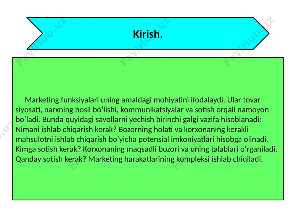 ini olib borish. 5. maqsadga yo‘naltirilgan narx siyosatini olib borish.. boshqarish va nazorat funksiyalari: 1. korxonada strategik va taktik rejalashtirishni tashkil etish. 2. marketingni boshqarish jarayonining axborot ta’minoti. 3. kommunikatsiya tizimini tashkil etish. 4. nazorat va tahlil. 3. 4. marketingning asosiy vazifalari marketingni vazifalari quyidagicha marketing maqsadi ishlab chiqarishni haridor ehtiyojiga moslashtirib, talab va taklifni muvozanatiga erishgan holda uni tashkil etgan narx, tashkilotlarga yuqori foyda keltirishdir. bunga erishish uchun marketing quyidagi muhim vazifalarni hal etishi lozim: haridorlar ehtiyojini o‘rganish va aniqlash; narxning faoliyatini haridorlar ehtiyojiga moslashtirish; avvalo talab va taklif to‘g‘risida olingan ma’lumotlar asosida bozorni o‘rganish; tovarlar reklamasini tashkil etish, haridorlarni tovarlarni sotib olishga qiziqishini orttirish; tovar yaratuvchi yoki uni sotuvchi narx tadkikotlarini amalga oshirish uchun ma’lumotlar to‘plash va tahlil qilish; tovarni bozorga chiqarishdagi barcha xizmatlar to‘g‘risida ma’lumotlar olish; to‘ldiruvchi tovarlar va o‘rnini bosuvchi tovarlar to‘g‘risida axborot yig‘ish; tovarlarga bo‘lgan talabni istiqbollash, ularni amlaga oshirishni nazorat qilishdan iboratdir. korxona tovari …