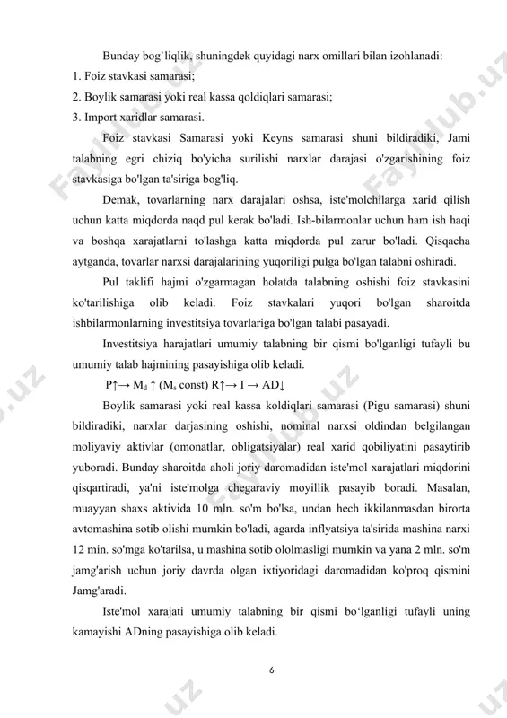 mayadi va o'z navbatida shu mamlakatda import mahsulotlarga bo'lgan talab oshadi. va, aksincha, ichki narxlarning pasayishi importning kamayishiga va eksportning oshishiga yoki milliy mahsulotga talab hajmi oshishiga olib keladi. bu esa sof eksport hajmi orqali umumiy talab hajmiga ta'sir ko'rsatadi. x↓ p↑ xn↓→ ad↓ m↑ yuqorida ko'rib o'tilgan omillar jami talabning narx omillari deb ataladi. bundan tashqari jami talabning narhlarga bog'liq bo'lmagan omillari ham mavjud. bu omillardagi o'zgarishlar jami talabning miqdorida o'z aksini topadi va uning egri chizig'ini chapga yoki oʻngga siljitadi. jami talabning narxlarga bog'liq bo'lmagan omillariga quyidagilarni kiritamiz: 1. iste'mol xarajatlaridagi o'zgarishlar: - iste'molchilarning real moddiy aktivlari qiymatining o'zgarishi, bu erda real moddiy aktivlarning qiymati inflyatsiya ta'sirida o'zgarishini emas (pigu samarasi), balki boshqa sabalarga ko'ra o'zgarishi nazarda tutiladi. masalan aktsiyalarning narxi keskin o'sishi bilan aktsiyadorlarning boyligi oshadi va ular ko'proq iste'mol kilishga moyil bo'ladi va aksincha uylarning va erlarni narxi keskin pasayishi bilan iste'molchining boyligi kamayadi va u …