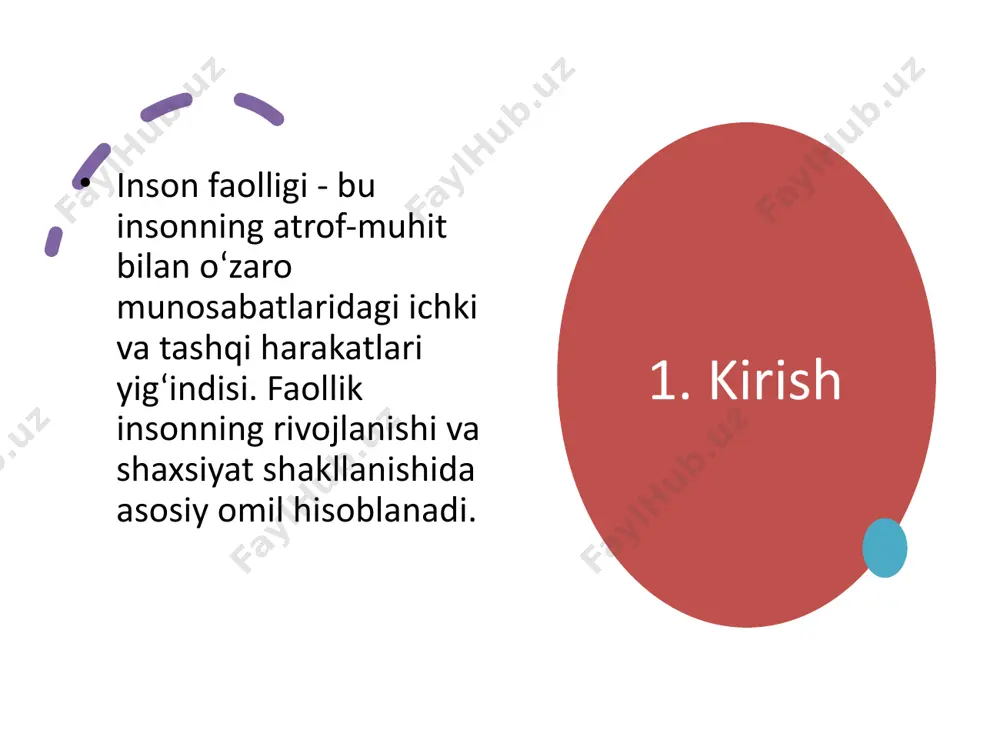 ini oshirish 11. faollikning salbiy ta’siri inson faolligi nafaqat ijobiy ta’sirlar ko‘rsatadi, balki ba’zi holatlarda salbiy oqibatlarga ham olib kelishi mumkin. salbiy ta’sirlar faollikning me’yoridan ortiq bo‘lishi, noto‘g‘ri boshqarilishi yoki ortiqcha yuklanishlar bilan bog‘liq bo‘lishi mumkin. 12. faollik va atrof-muhit inson faolligi va atrof-muhit o‘rtasida o‘zaro kuchli bog‘lanish mavjud. atrof-muhit – bu insonning jamiyatdagi va tabiatdagi mavjud resurslar, sharoitlar, insonlar bilan o‘zaro munosabatlarini o‘z ichiga oladi. atrof-muhit faollikni shakllantiruvchi, rag‘batlantiruvchi va boshqaruvchi asosiy omil sifatida chiqadi. shu bilan birga, insonning faolligi ham atrof-muhitga ta’sir ko‘rsatadi. 13. faollikni oshirish usullari - motivatsiyani kuchaytirish - maqsad qo‘yish - faoliyatni rejalashtirish - o‘z-o‘zini rag‘batlantirish texnologiyalar inson faolligiga ham ijobiy, ham salbiy ta’sir ko‘rsatmoqda. masalan, jismoniy faollikning kamayishi yoki ijtimoiy faollikning o‘zgarishi. 14. zamonaviy muammolar 15. xulosa inson faolligi hayotning har bir sohasida muhim ahamiyatga ega. u shaxsni rivojlantiradi va jamiyat taraqqiyotiga xizmat qiladi. faollikni boshqarish esa muvaffaqiyat kalitidir. image1.jpeg /docprops/thumbnail.jpeg