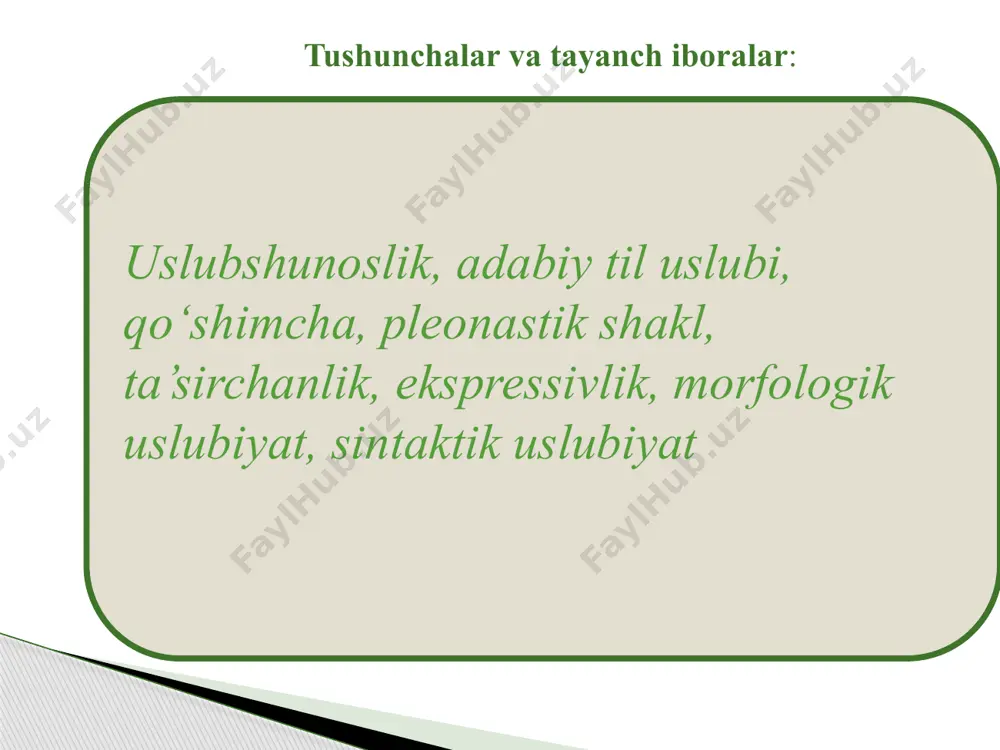 ikki yoki uch so‘zdan tashkil topgan nomlar birgina so‘z bilan, hatto ba’zan birgina bo‘g‘in bilan almashtiriladi, ayrim holatlarda qo‘shimchalar tushirilib qoldiriladi. masalan: abdurahmon — rahmon yoki abdi, alibek — bek, zachyot daftarchasi — zachetka, zulayho — zuli, tamara—tamar kabi. . ayrim morfologik kategoriya va shakllar faqat ma’lum bir uslub uchun xos bo`lib, shu uslubga xos uslubiy bo‘yoqqa ega bo‘lsa, boshqa bir xillari ma’lum bir uslubda son jihatdan ko‘p ishlatilganligi uchungina u uslubga xoslikni ko‘rsatuvchi belgi hisoblanadi. ularda maxsus uslubiy bo`yoq bo‘lmaydi. ular faqat shu uslubda ko‘proq ishlatiladi, xolos. so‘zlashuv uslub uchun esa bu ikki xususiyat ham xarakterlidir. masalan, subyektiv baho formalari, so‘zlashuv va badiiy nutq stili uchun xos salom, alaykum, xayr, ha, yo‘q, albatta, aha, ana ka­bi relyativlar deb ataluvchi maxsus so‘zlar guruhi garchi uslu­biy buyog‘i bo‘lmasa ham, ular so‘zlashuv uslubida ko‘p ishlati­ladi. . rasmiy ish qogozlari uslubi. rasmiy ish qorozlari uslubi hozirgi o‘zbek adabiy tilining ma’muriy va yuridik ishlarda …
