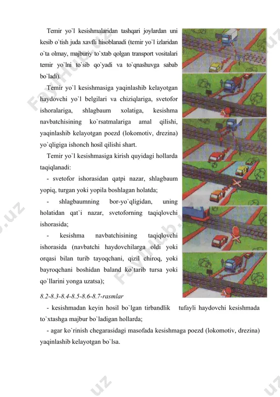 o`ringanda to`xtash ishorasini berib, u kelayotgan tomonga qarab yugurishi kerak. eslatma. to`xtash ishorasi qo`lni (kunduzi yorqin mato parchasi yoki aniq ko`rinadigan biror narsa bilan, tunda esa mashala yoki chiroq bilan) gir aylantirish orqali beriladi. umumiy xatar ishorasi bitta uzun va uchta qisqa tovush ishorasi orqali beriladi. avtomagistrallarda harakatlanish tartibi avtomagistral-transport vositalarining yuqori tezlik va xavfsiz harakatlanishlarini ta`minlovchi yo`l bo`lib, unga kirish 5.1, chiqish 5.2 belgilari bilan belgilanadi. avtomagistrallarda quyidagilar taqiqlanadi: - piyodalar, uy hayvonlari, ot-aravalar, velosipedlar, mopedlar, traktorlar va o`ziyurar mashinalar, texnik tavsifnomasiga yoki holatiga ko`ra tezligi soatiga 40 kilometrdan kam bo`lgan transport vosi​talarining harakatlanishi; - ruxsat etilgan to`la vazni 3,5 tonnadan ortiq, bo`lgan yuk avtomobillarining birinchi va ikkinchi bo`laklardan boshqa bo`laklarda harakatlanishi; 8.11-rasmlar 5.15 yoki 6.11 belgilari bilan belgilangan maxsus to`xtab turish maydonchalaridan boshqa joylarda to`xtash; - ajratuvchi bo`lakning texnologik uzilish joylariga kirish va qayrilib olish; - orqaga harakatlanish; - transport vositasini o`rganish uchun boshqarish. avtomagistrallarda yuqori tezlikni ta`minlash …