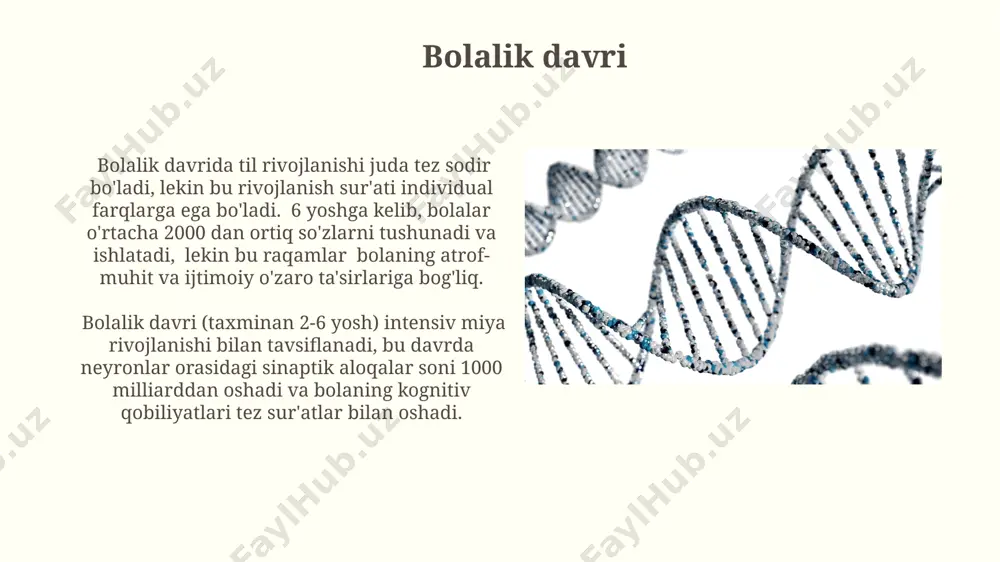 tligini ta'minlaydi. to'qimalarning shakllanishi embrional rivojlanishning 3-8 haftalarida intensiv ravishda sodir bo'lib, uchta asosiy qavat – ektoderma, mezoderma va endodermadan 200 dan ortiq hujayra turlarini hosil qiladi. organogenez embrional rivojlanishning organogenez bosqichi taxminan 3-8 haftalar oralig'ida davom etib, 200 ga yaqin turli xil hujayra turlarining hosil bo'lishi bilan tavsiflanadi. organogenez jarayoni davomida 3 haftadan keyin asosiy organlar tizimlari, masalan, yurak, miya va o'murtqa pog'onasi 28 kun ichida shakllana boshlaydi. atrof-muhit omillarining ta'siri noqulay iqlim sharoitlari, 35°c dan yuqori harorat va namlikning 90% dan yuqori boʻlishi, organizmlarning ontogenezini 20% ga qisqarishiga olib kelishi mumkin. atro-muhitning ifloslanishi, masalan, 10 ppm dan yuqori konsentratsiyada ogʻir metallar ta'siri, embrion rivojlanishining 30% gacha sekinlashishiga olib kelishi mumkin. e'tiboringiz uchun rahmat @taqdimot_robot image2.jpg image3.jpg image4.jpg image5.jpg image6.jpg image7.jpg image8.jpg image9.jpg image10.jpg image11.jpg image12.jpg image13.jpg