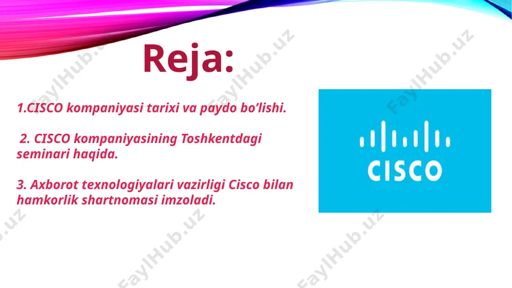 vjud bo'lganligi sababli, ular kompaniya nomini kichkina cisco systems deb nomlashga qaror qilishadi. shu bilan birga, notarius xodimining noo'rin harakati tufayli kompaniya nomidan oldingi harflar yirtilib tushib qoladi va cisco so'zining o'zi qoladi. buni qandaydir belgi deb hisoblagan asoschilar, kompaniyani cisco systems deb nomlaydilar. 5 6 it sohasida dunyoda tan olingan yetakchilardan biri bo‘lgan cisco systems kompaniyasi, 2016 yilning 12 iyul kuni toshkent shahridagi inha universitetida o‘zbekistondagi o‘z hamkorlari uchun «hamkorlikdagi faoliyat uchun cisco texnologiyalari» mavzusida seminar o‘tkazdi. 7 toshkent shahridagi inha unversitetining ochilganiga hali ko‘p vaqt o‘tmagan bo‘lsada, lekin o‘tgan qisqa davr ichida o‘zbekistondagi it-ta'lim muassasalari orasida tan olingan nufuzli ilm dargohlaridan biriga aylandi. bundan tashqari, inha universitetida talabalarga saboq berishda «cisco» kompaniyasining texnologiyalaridan foydalaniladi. 8 mdh mamlakatlarida collaboration texnologiyalari sotuvi bo‘yicha menejyer igor sukaylo hamkorlarni cisco’ning eng so‘nggi ishlanmalari bilan tanishtirdi. bu ishlanmalar axborot texnologiyalarini tatbiq etishga to‘g‘ri yondashish natijasida tashkilotdagi xodimlarning birgalikdagi faoliyatlarini yanada samaraliroq qilish imkoniyatini …