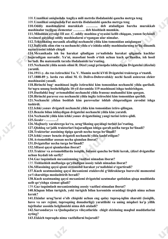 va boshqarish kerakligiga e'tibor qaratadigan fanlararo muhandislik sohasi. 64. taniqli qishloq xo'jaligi olimlarini ko’rsating. 65. «qishloq xo‘jaligining mashinasozlik korxonalarini boshqarishni yanada takomillashtirish va moliyaviy sog‘lomlashtirish chora-tadbirlari to‘g‘risida»gi qarori nechanchi yil sana oyda qabul qilingan. 66. 2014-yilgi ko‘rgazmalar yakunlari bo‘yicha mamlakatimiz tadbirkorlari va xorijiy kompaniyalar o‘rtasida minitexnologiyalar, ixcham uskunalar va qishloq xo‘jaligi texnikasini xarid qilish uchun umumiy qiymati necha milliard so‘mdan ziyod qancha shartnomalar imzolandi. 67. “uzbekistan agrominitech expo – 2015” ko‘rgazma-savdosida dunyoning nechta davlatidan qancha ortiq kompaniya ishtirok etmoqda. 68. nechanchi yilda charlz newbold birinchi dumaloq plowini patentladi. 69. nechanchi yillarda aqshning birinchi qishloq xo'jalik inqilobi xarakteristikasi - ot kuchidan otlarga o'tish bo’lgan 70. g‘o‘za qator orasi amaldagi kultivator bilan necha marta yumshatildi. 71. davlat texnika nazorati deb …….. 72. dalalarni o‘simlik qoldiqlaridan tozalash texnika vositalari vazifasi nima 73. o‘simliklarning hashorat va zarakunandalariga qarshi kurashish mashinalari qanday usulari 74. korxonalarida ishlab chiqarilayotgan tirkamalar va yarim tirkamalar ro‘yxati qaysi 75. agregatning …