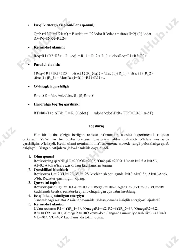 torda ajralib chiqadigan quvvatni hisoblang. 4. issiqlikka ajraladigan energiya 3-masaladagi rezistor 2 minut davomida ishlasa, qancha issiqlik energiyasi ajraladi? 5. ketma-ket ulanish uchta rezistor: r1=4 ωr_1=4 \, \omegar1​=4ω, r2=6 ωr_2=6 \, \omegar2​=6ω, r3=10 ωr_3=10 \, \omegar3​=10ω ketma-ket ulanganda umumiy qarshilikni va u=40 vu=40 \, vu=40v kuchlanishda tokni toping. 6. parallel ulanish 5-masaladagi rezistorlar parallel ulanganda umumiy qarshilikni toping. 7. aralash ulanish r1=5 ωr_1=5 \, \omegar1​=5ω va r2=10 ωr_2=10 \, \omegar2​=10ω parallel ulangib, ularning ketma-ketiga r3=15 ωr_3=15 \, \omegar3​=15ω ulanadi. umumiy qarshilikni toping. 8. o‘tkazgich materiali uzunligi l=2 ml=2 \, ml=2m, kesim yuzasi s=1 mm2s=1 \, mm^2s=1mm2 bo‘lgan mis simning qarshiligini hisoblang. (misning maxsus qarshiligi ρ=1.7⋅10−8 ω⋅m\rho = 1.7 \cdot 10^{-8} \, \omega \cdot mρ=1.7⋅10−8ω⋅m). 9. qarshilikni haroratga bog‘lash rezistor qarshiligi r0=100 ωr_0=100 \, \omegar0​=100ω (20°c da). harorat koeffitsiyenti α=0.004 1/°c\alpha=0.004 \, 1/°cα=0.0041/°c. 100°c da qarshilikni toping. 10. amaliy masala elektr chirog‘i rezistori r=240 ωr=240 \, \omegar=240ω. u 220 v tarmoqqa …