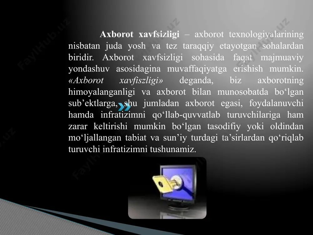 usullari apparatli, programmali va apparat-programmaliga bo‘linadi. texnik usullarda quyidagi xarakterdagi masalalar ko‘rib chiqiladi: -kompyuter tizimlari va tarmoqlarida axborotga ruxsatsiz murojaat qilishdan himoya qilish; -virusga qarshi himoya qilish; -elektromagnit, akustik maydon va nurlanishlar orqali «ushlab» olishni bartaraf etish; -kriptografik usul asosida xabarlarni yuqori tuzilishli berkligini ta’minlash; axborotni zahiralash yoki nusxalash usullari axborotni tasodifiy xavflardan himoya qilishning eng samarali usullaridan biri hisoblanadi. nusxalash bilan axborotni butunligi ta’minlanadi. axborotni zahiralash usuli axborotni tiklash vaqti bo‘yicha tezkor va tezkor bo‘lmagan usullarga bo‘linadi. nusxalanadigan axborotni haqiqiy vaqt oralig‘ida ishlatishni ta’minlaydigan usullar tezkor usullarga tegishli bo‘ladi. nusxalanadigan axborotni ishlatishga o‘tish, ushbu kompyuter tizimlari uchun haqiqiy vaqt oralig‘ida axborotni ishlatish uchun so‘rovlarni bajarish imkonini beradigan vaqt ichida amalga oshiriladi. axborotni himoya qilishni kriptografik usullarida boshlang‘ich axborot shunday o‘zgartiriladiki, buning natijasida axborot, kerakli vakolatlarga ega bo‘lmagan shaxslarga, tanishish va ishlatish uchun mumkin bo‘lmay qoladi. boshlang‘ich axborotga ta’sir etishi bo‘yicha kriptografik o‘zgartirishni shifrlash, stenografiya, kodlash va zichlash usullari mavjud. …